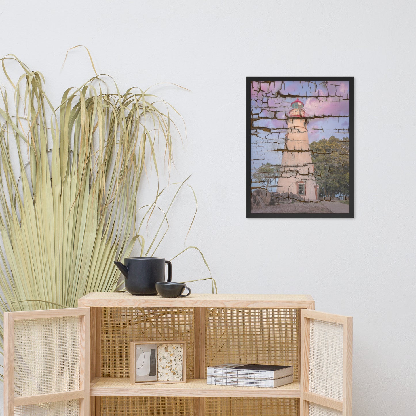 Faux Wood Texture Marblehead Lighthouse at Sunset Framed Photo Paper Wall Art Prints