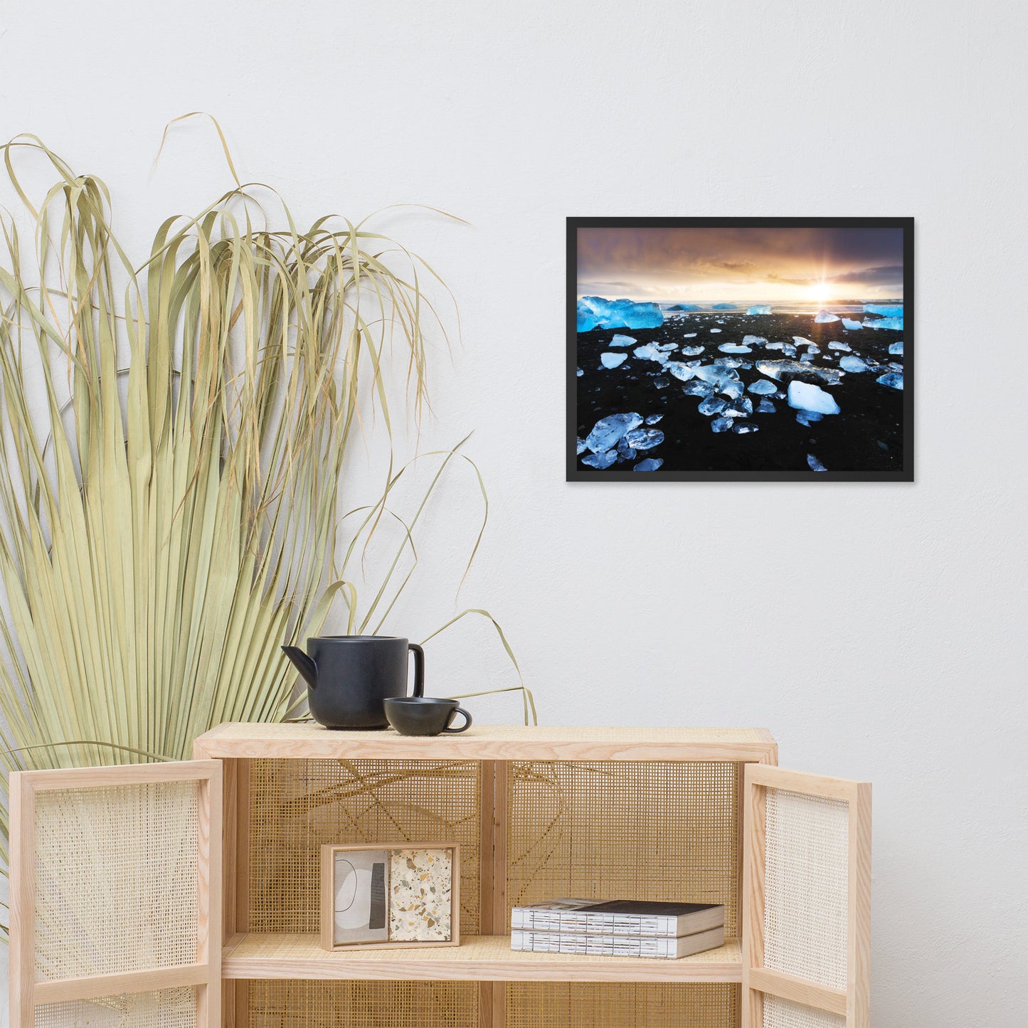 Fire and Ice Black Sand Sunset Coastal Landscape Framed Photo Paper Wall Art Prints