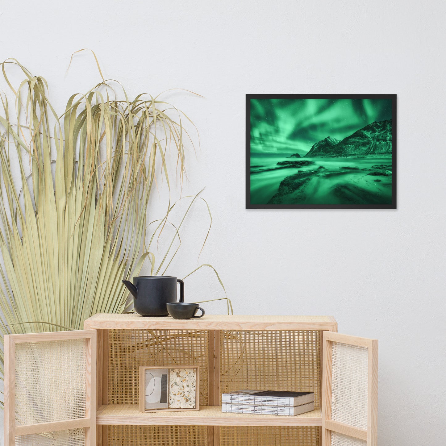 Green Northern Lights and Mountain Coast Framed Wall Art Prints