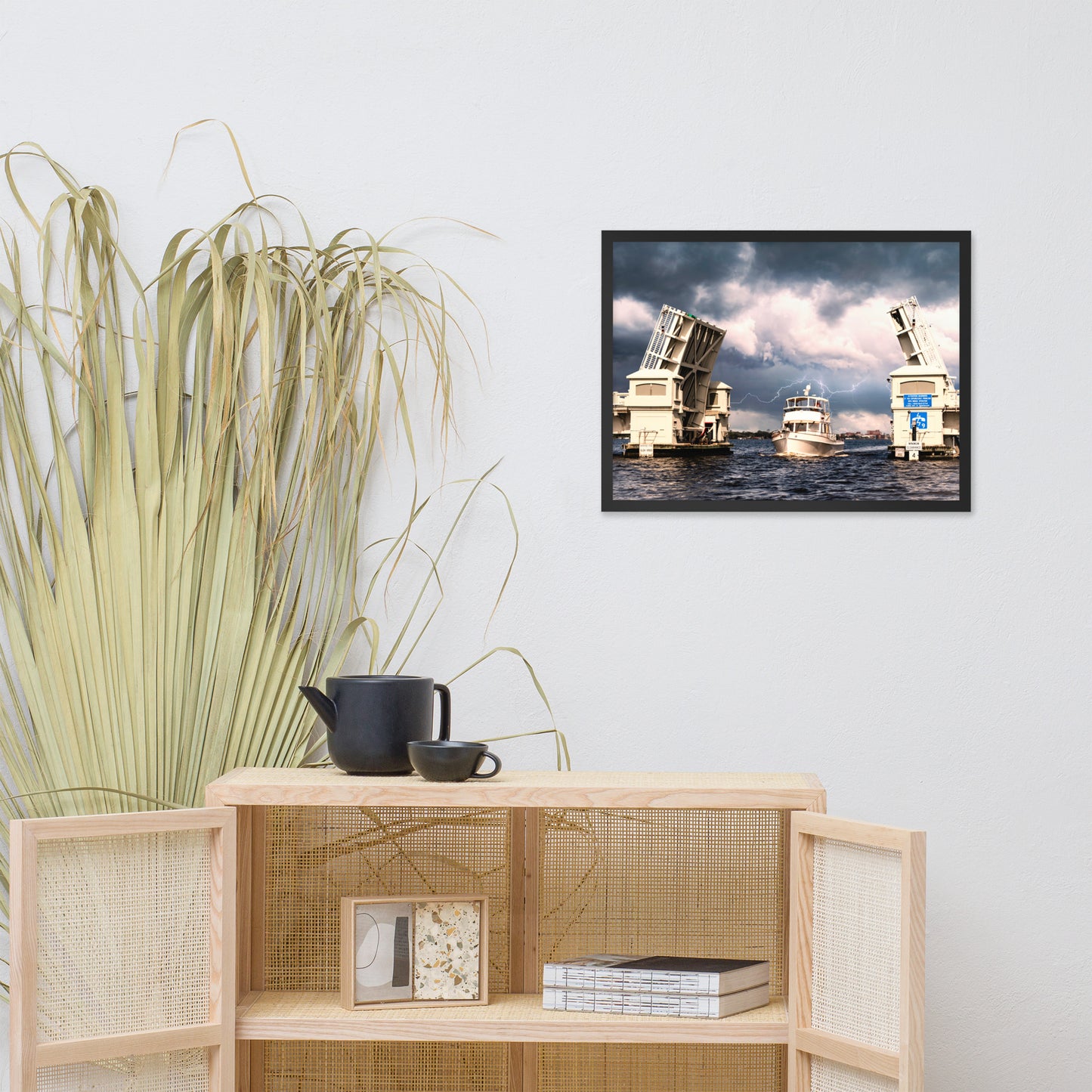 Stormy Drawbridge and Boat Racing Towards the Sun Coastal Landscape Photograph Framed Wall Art Print