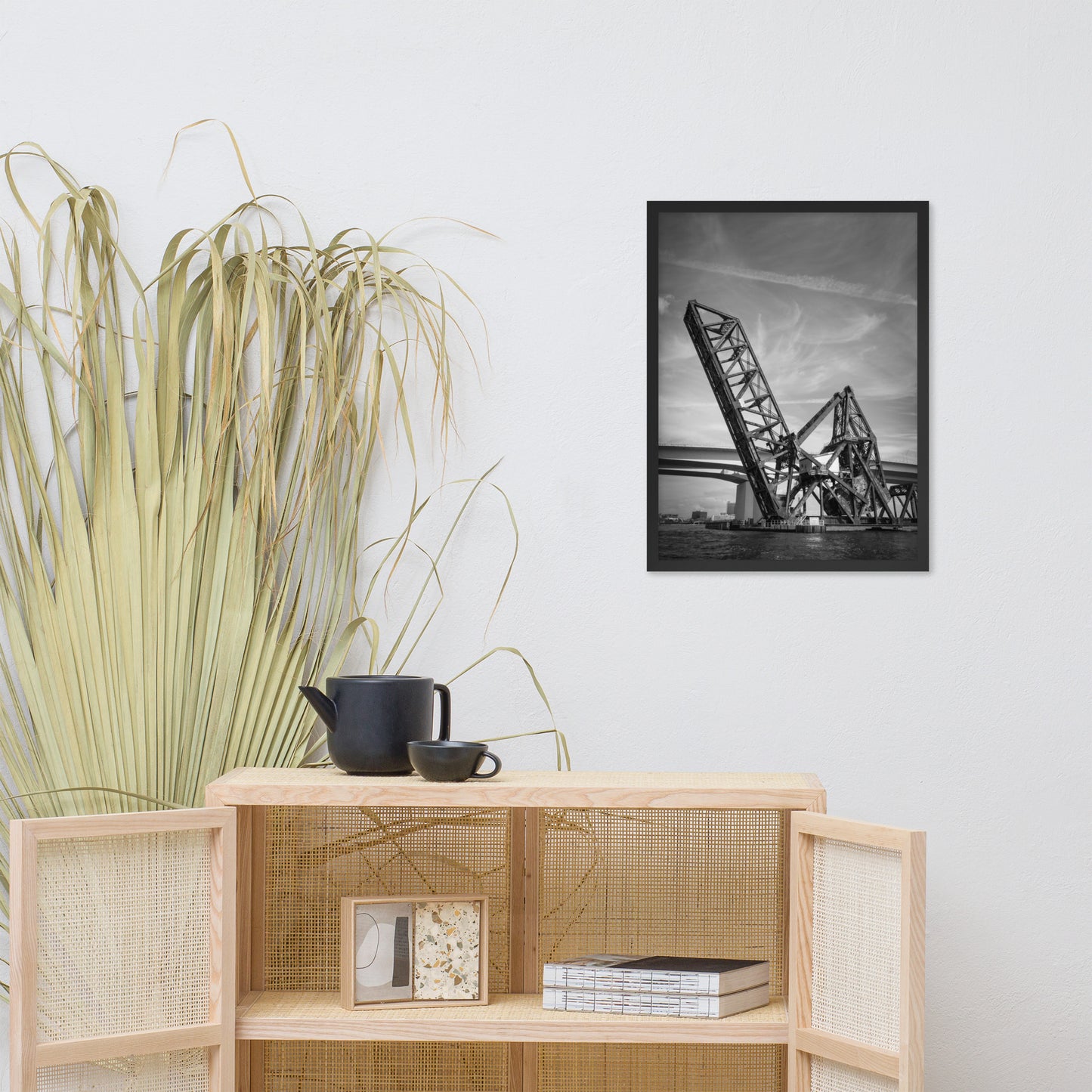 Train Drawbridge Jacksonville 2 Black and White Framed Wall Art Print
