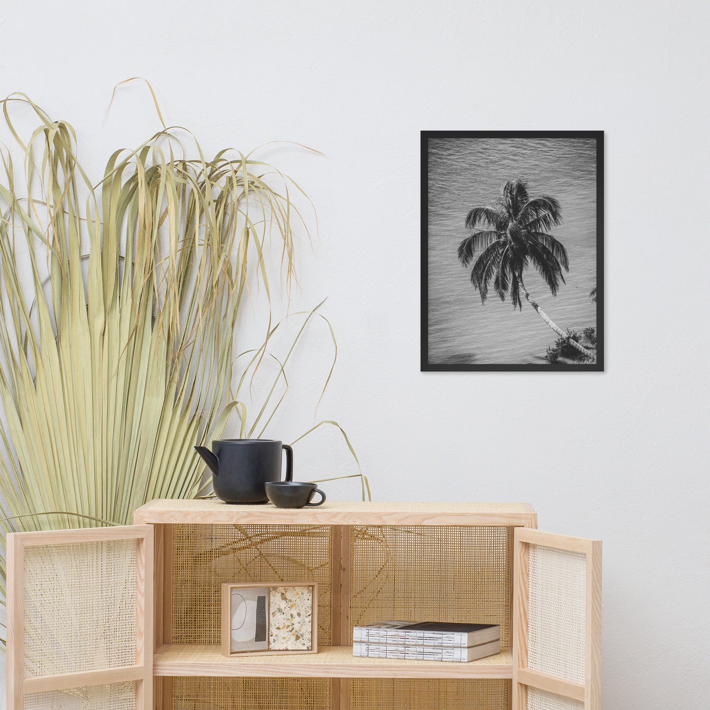 Palm Over Water Black and White Botanical Nature Photo Framed Wall Art Print
