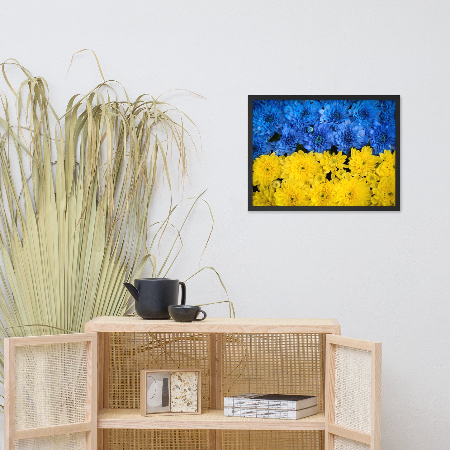 Blue and Yellow Chrysanthemums For Ukraine Refugees Nature Photo Framed Wall Art Print