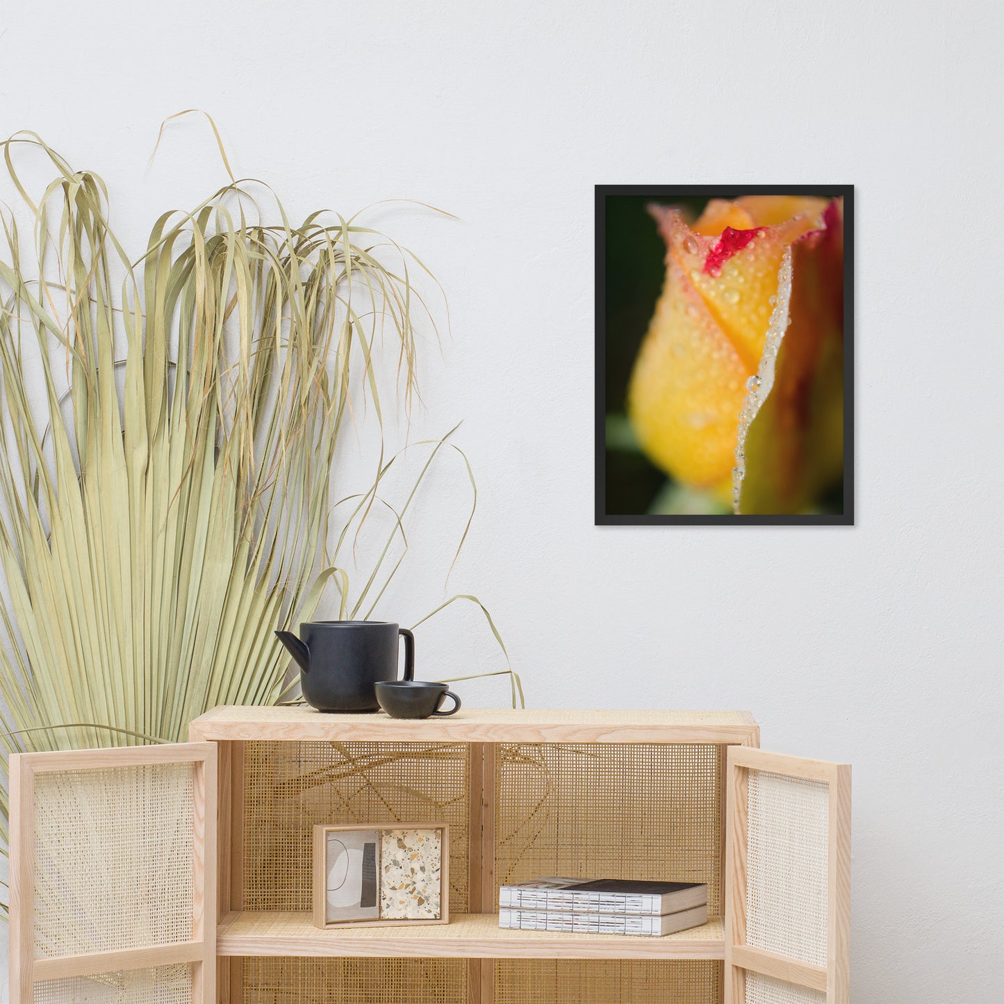 Dew on Yellow Rose Floral Nature Photo Framed Wall Art Print