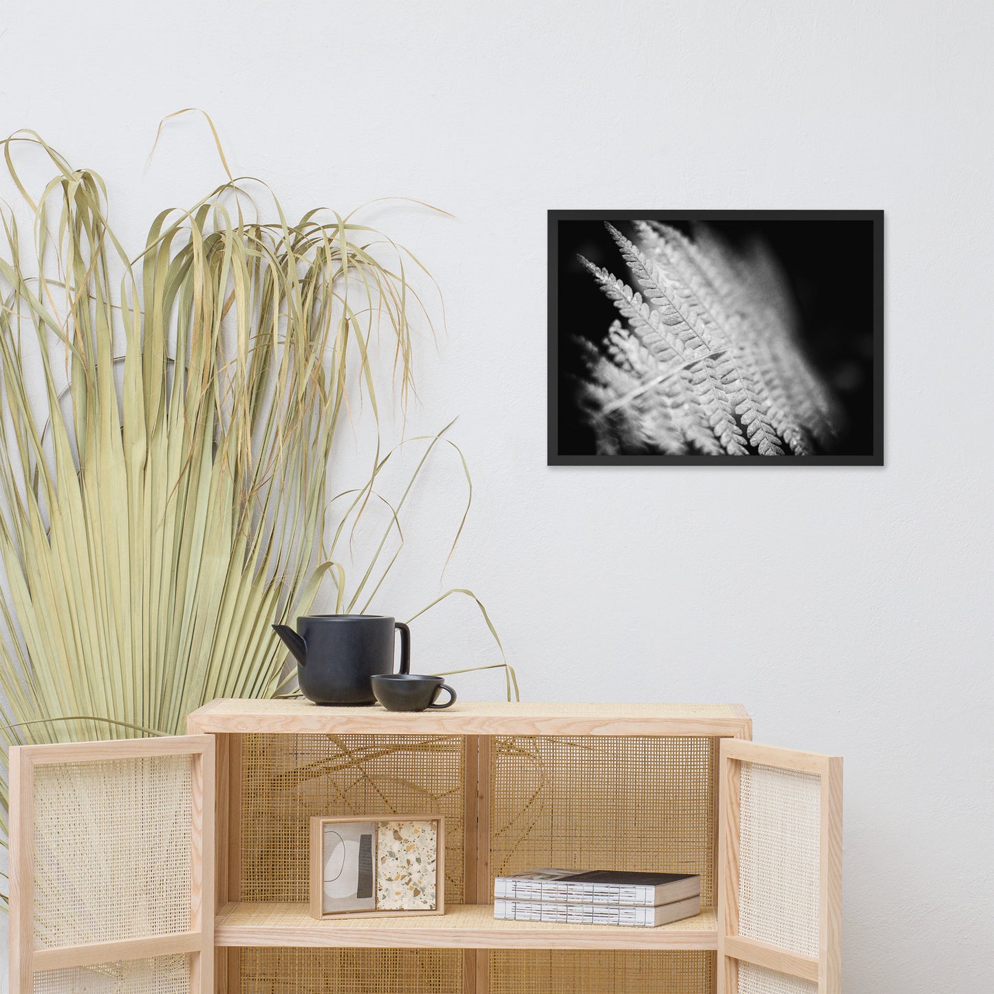 Fern Leaf in the Sunlight Black and White Botanical Nature Photo Framed Wall Art Print