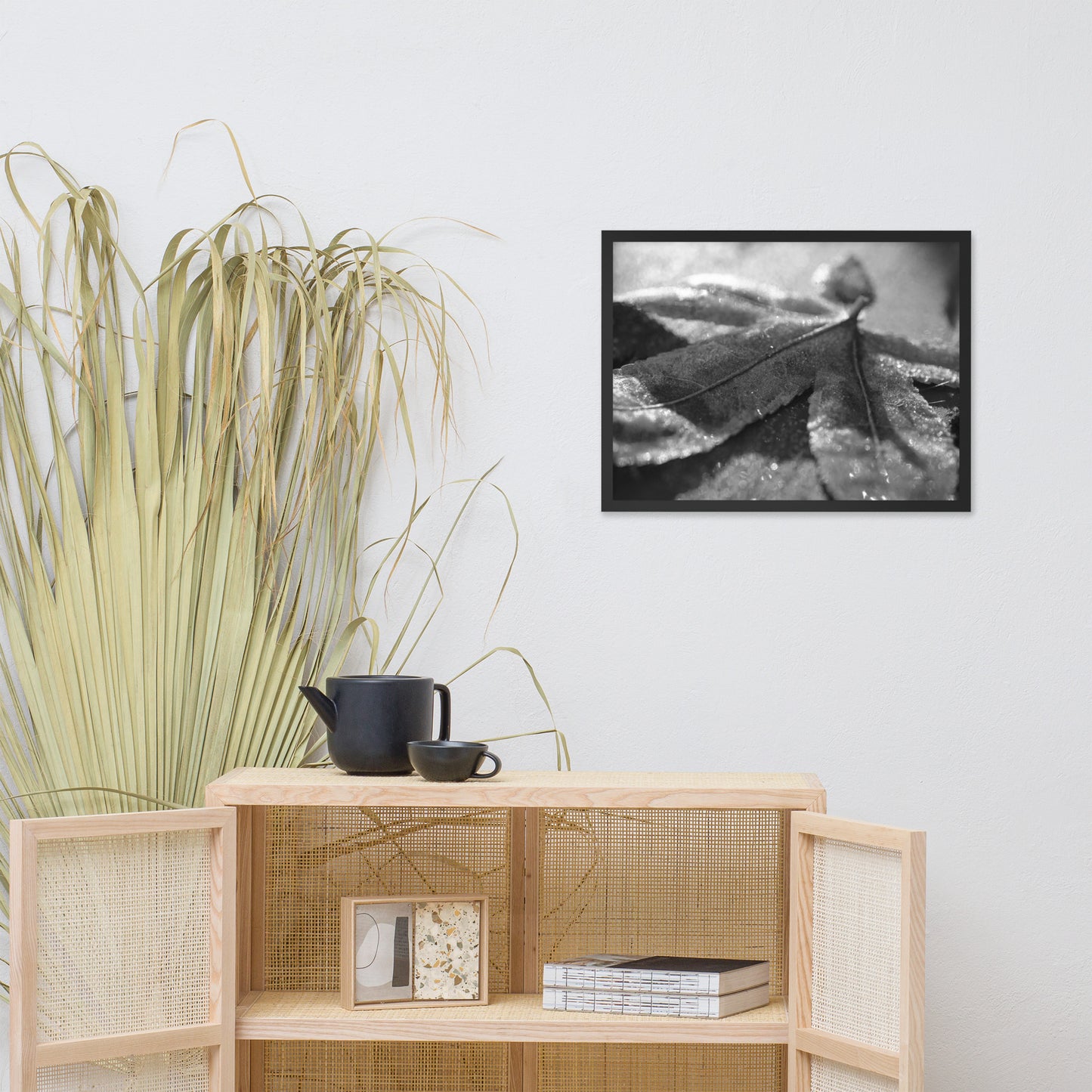 Frost Covered Leaf Black and White Botanical Nature Photo Framed Wall Art Print