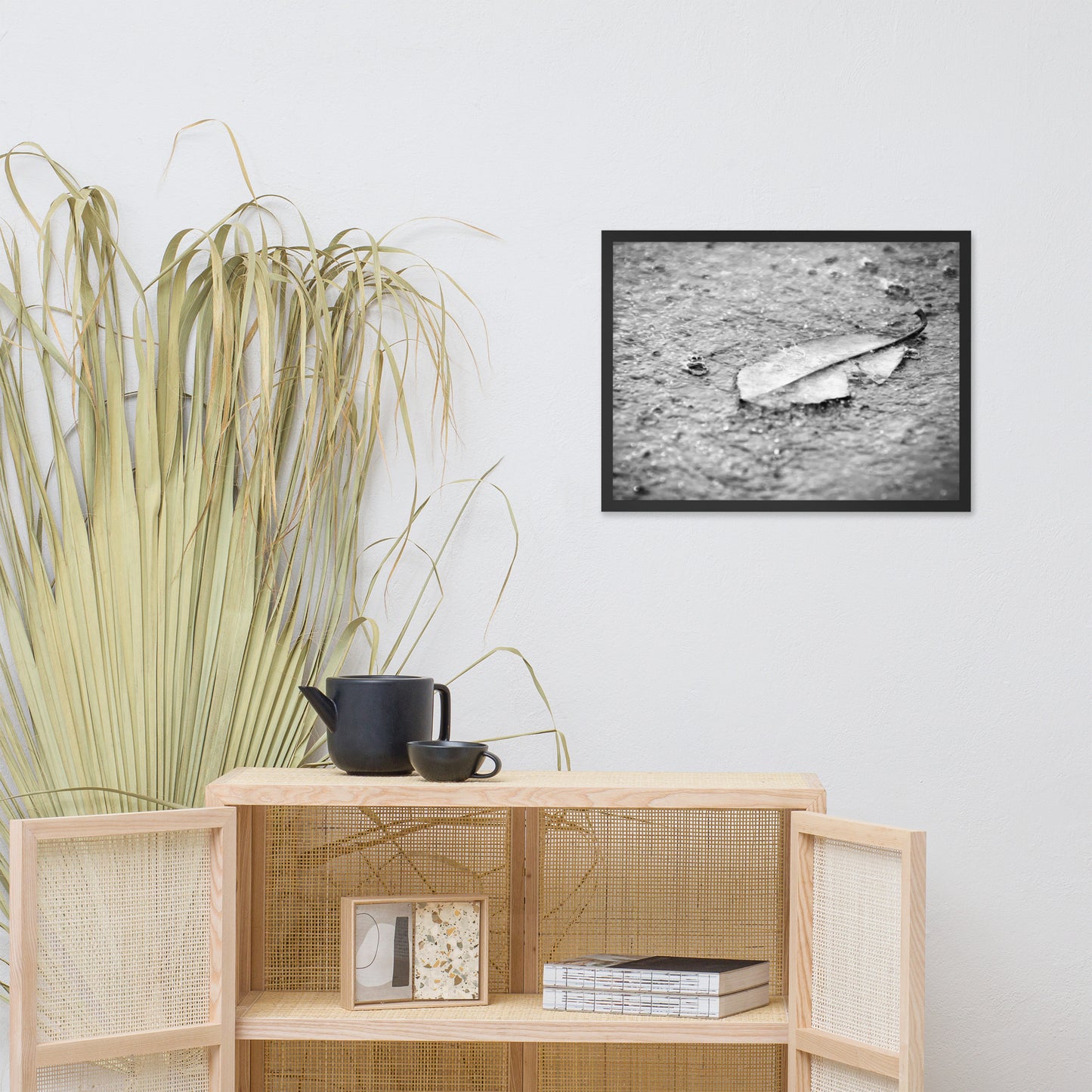 Fallen Leaf in The Rain Black and White Botanical Nature Photo Framed Wall Art Print