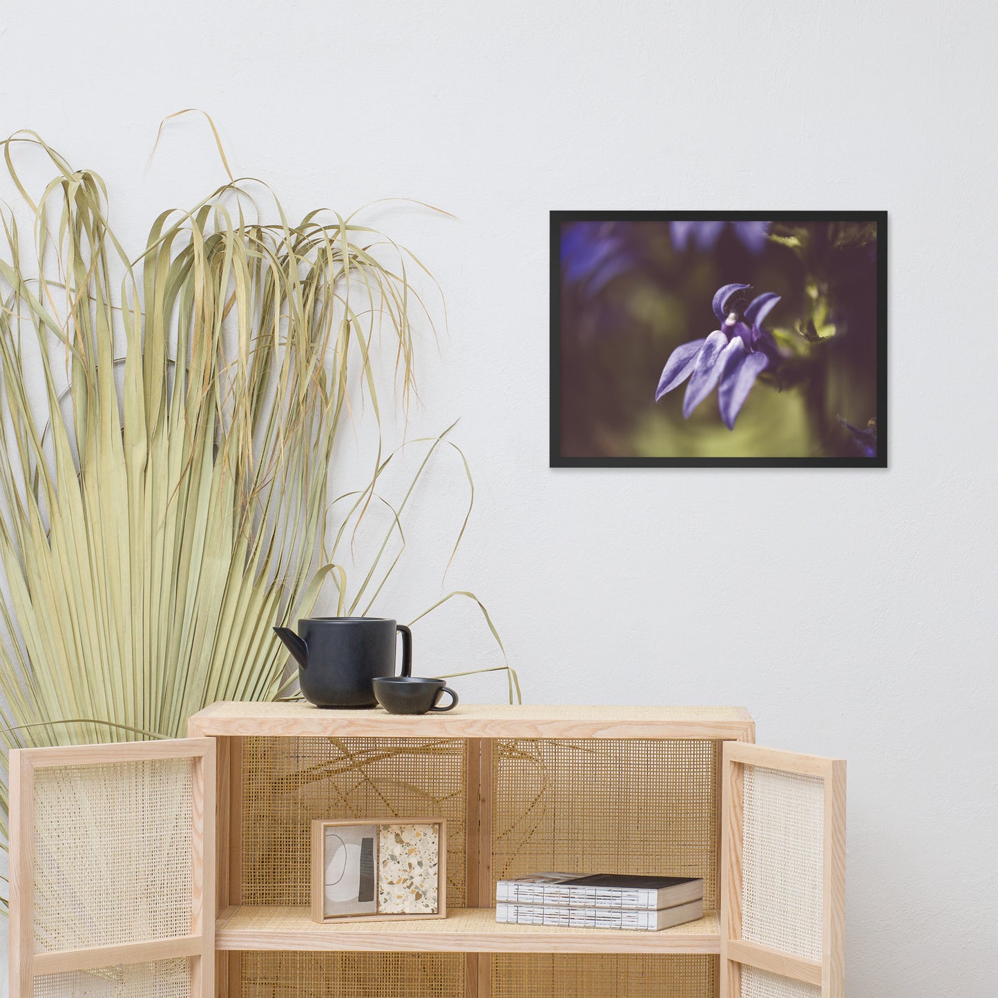 Dramatic Blue Lobelia, Blue Cardinal Flower - Abstract Merlot Effect Floral Nature Photo Framed Wall Art Print