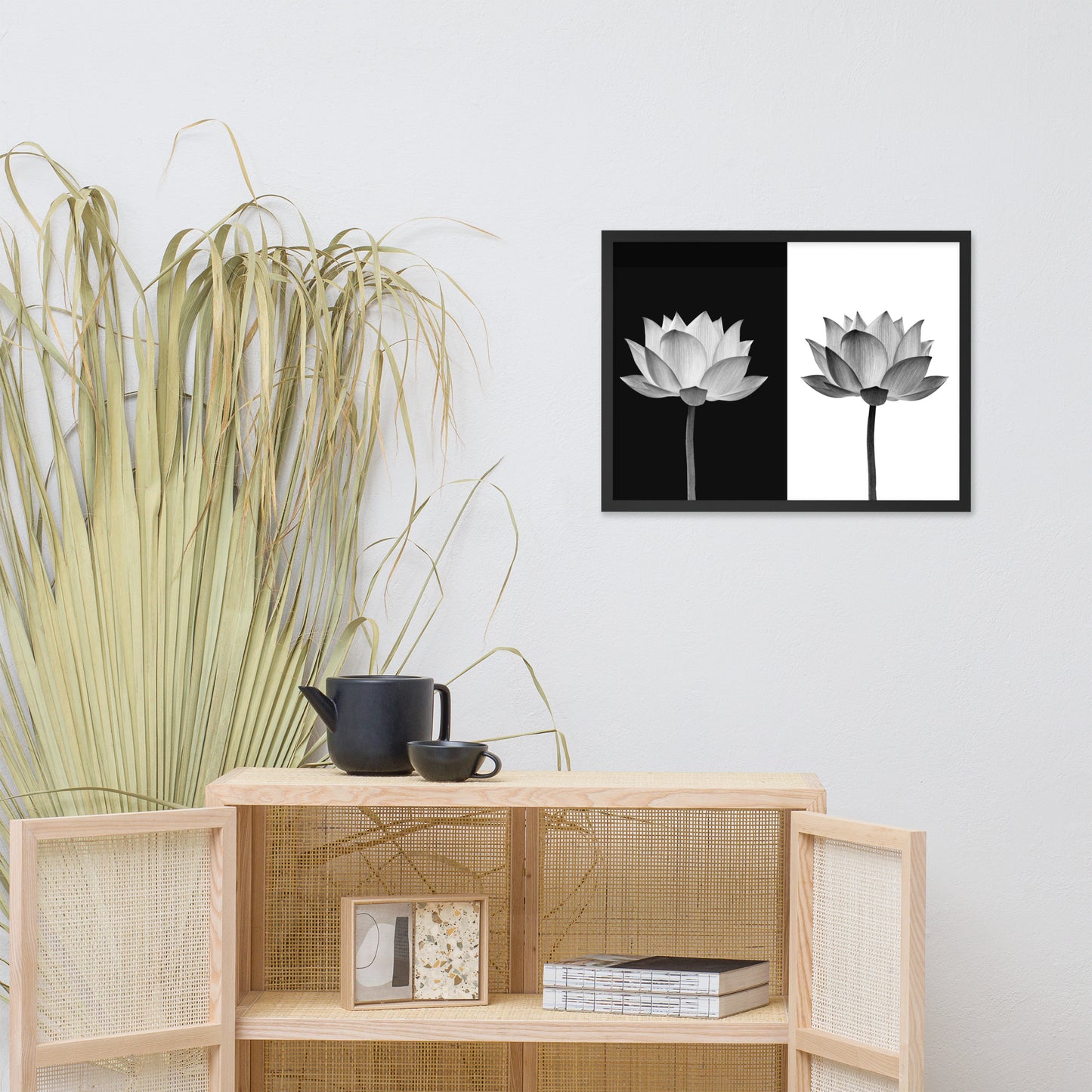 Lotus Flower on Black and White Background Floral Nature Framed Photo Paper Poster