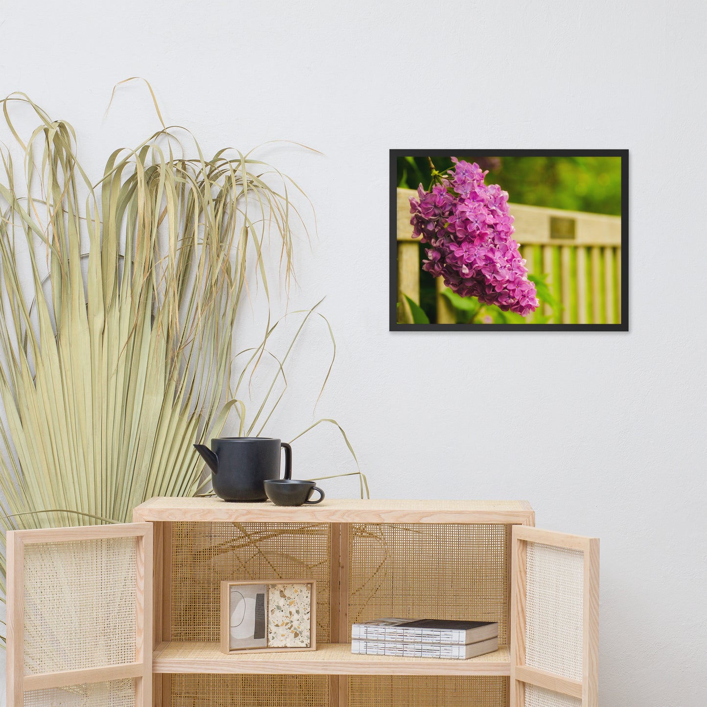 Park Bench with Lilac Floral Nature Photo Framed Wall Art Print