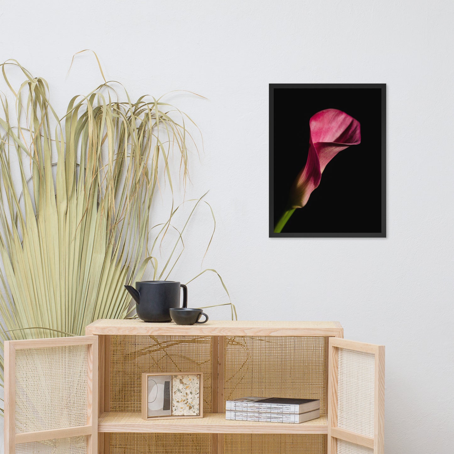 Pink Calla Lily Flower on Black Floral Nature Photo Framed Wall Art Print