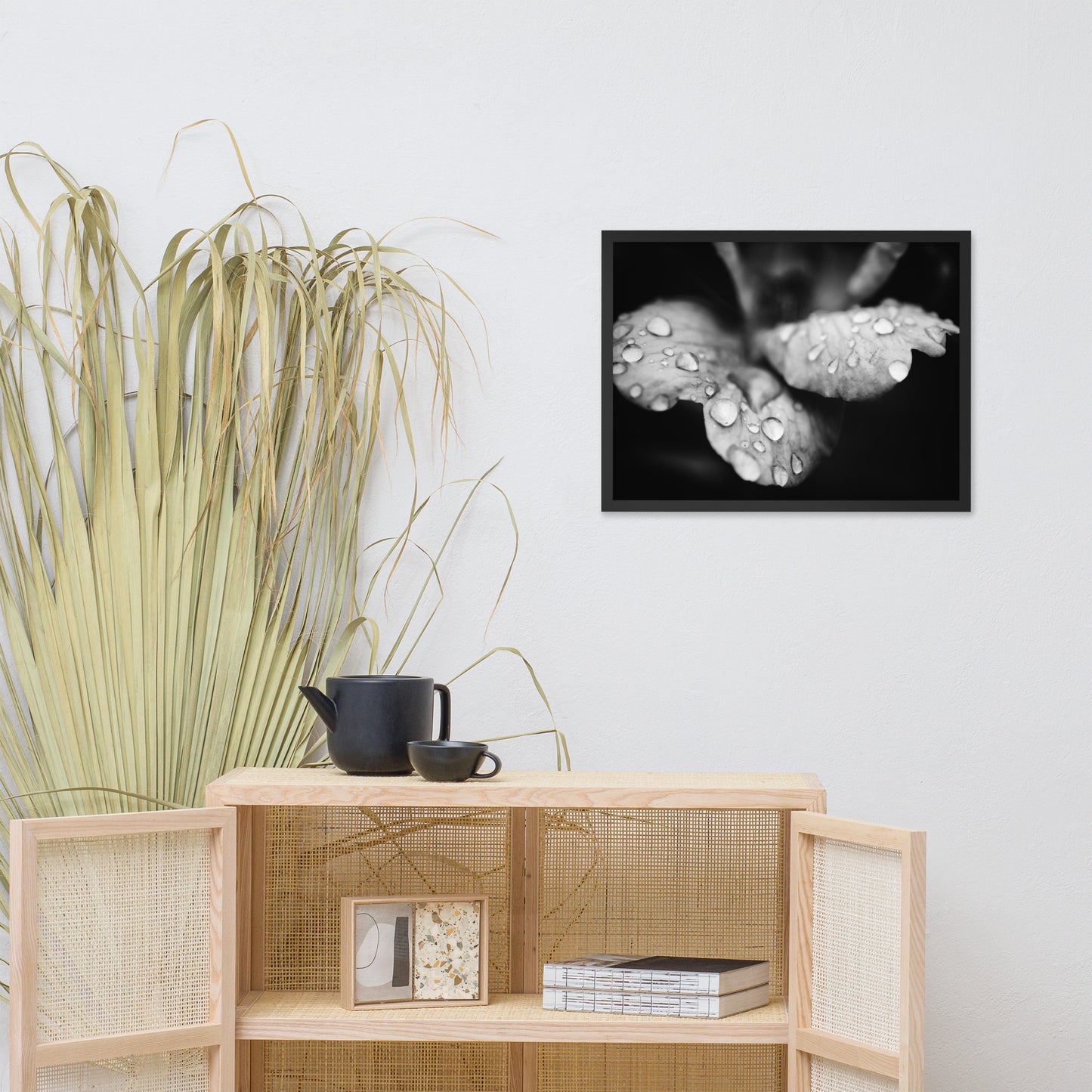 Raindrops on Wild Rose Black and White Floral Nature Photo Framed Wall Art Print