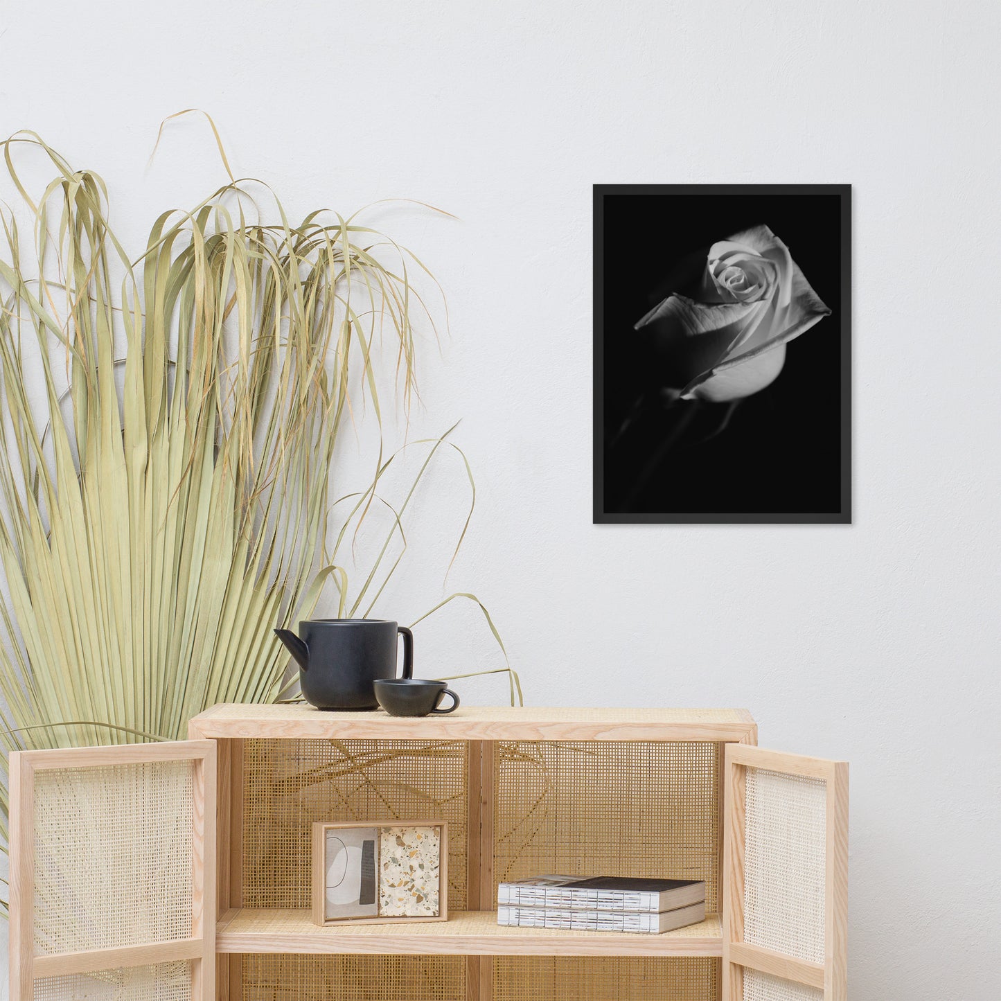 Rose on Black Black and White Floral Nature Photo Framed Wall Art Print
