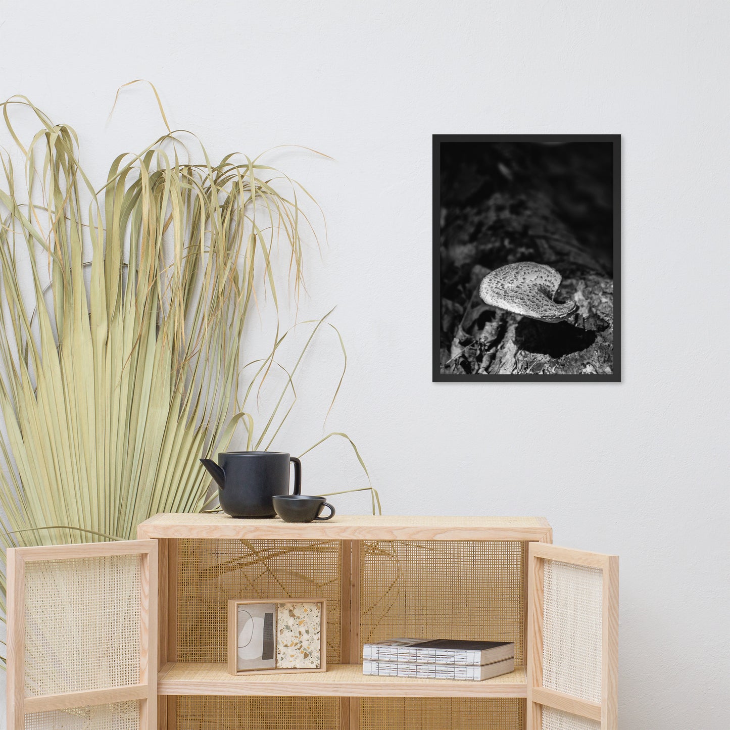 Rustic Farmhouse Wall Art: Mushroom on Log in Black and White Botanical Nature Photo Framed Wall Art Print