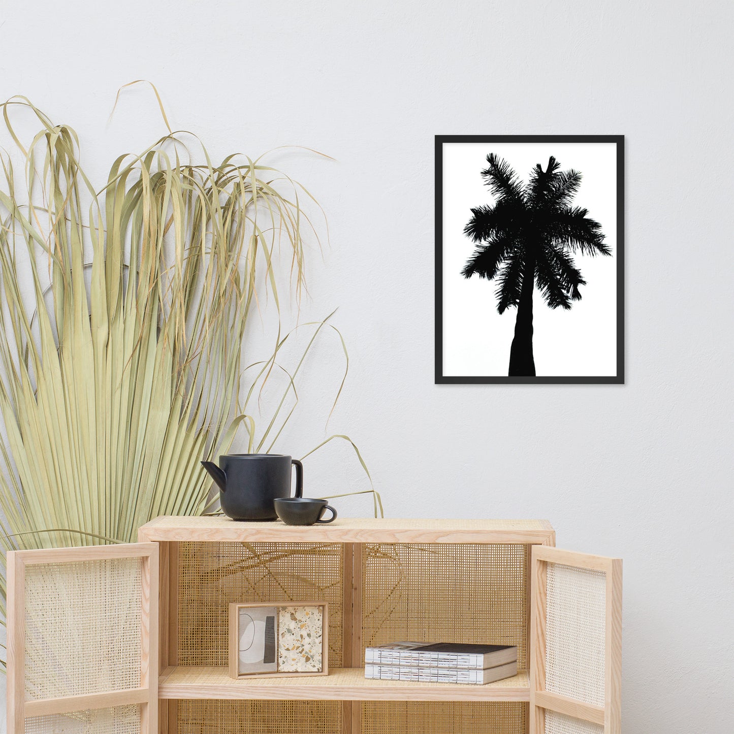 Palm Tree Silhouette on Pure White Botanical Nature Photo Framed Wall Art Print