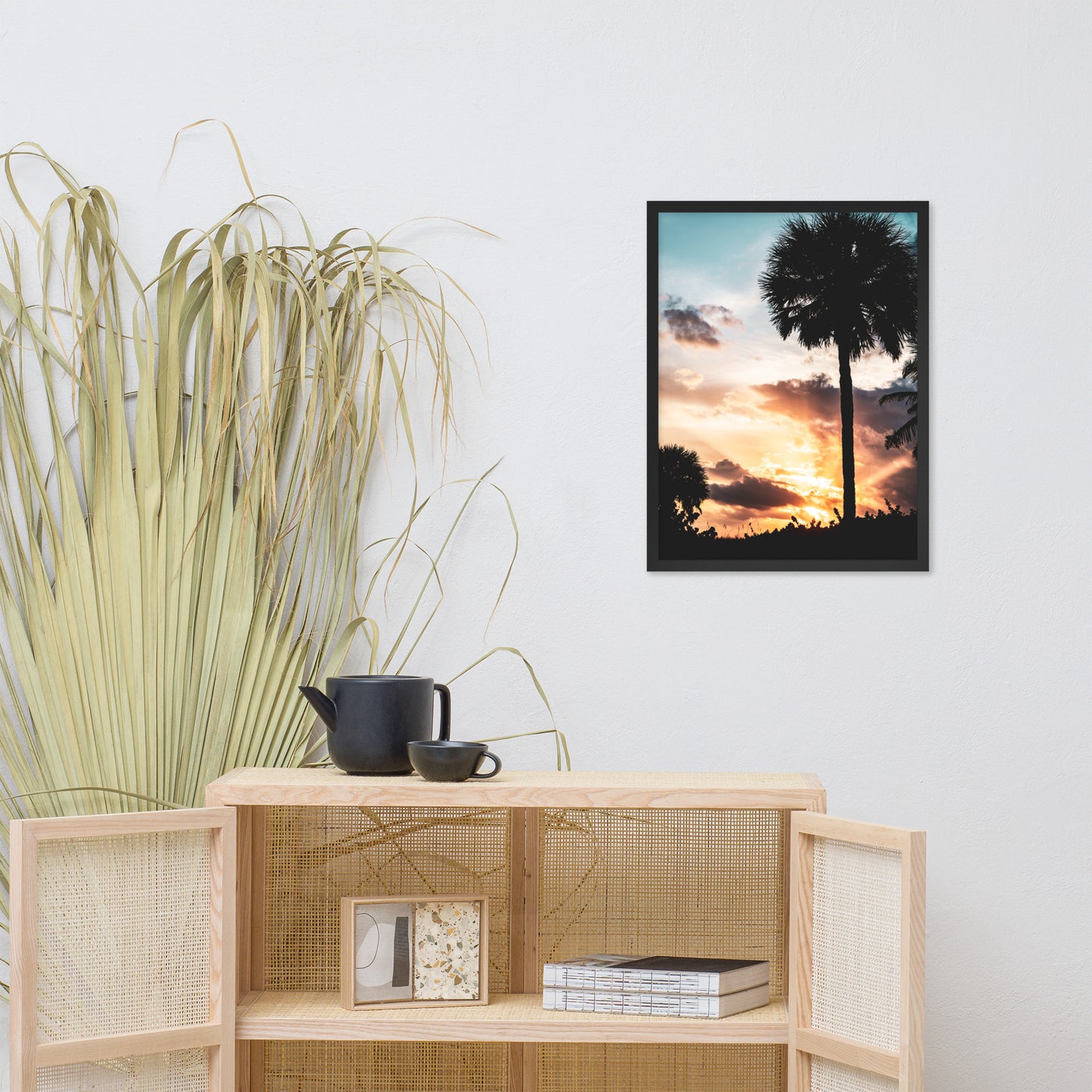 Palm Tree Silhouettes and Sunset Botanical Nature Photo Framed Wall Art Print