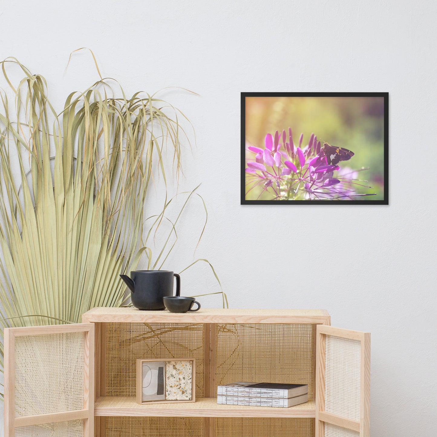 Spider Flower in Glory Light with Spotted Moth Floral Nature Photo Framed Wall Art Print