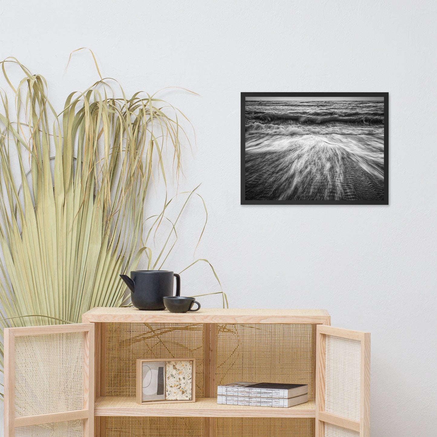 Washing Out to Sea Black and White Coastal Nature Photo Framed Wall Art Print