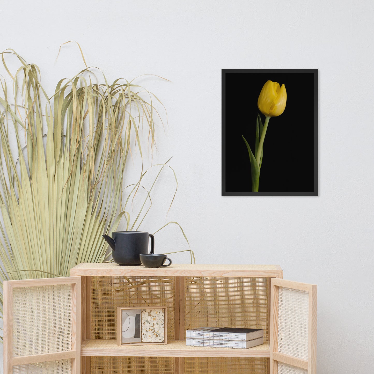 Yellow Tulip on Black Floral Nature Photo Framed Wall Art Print