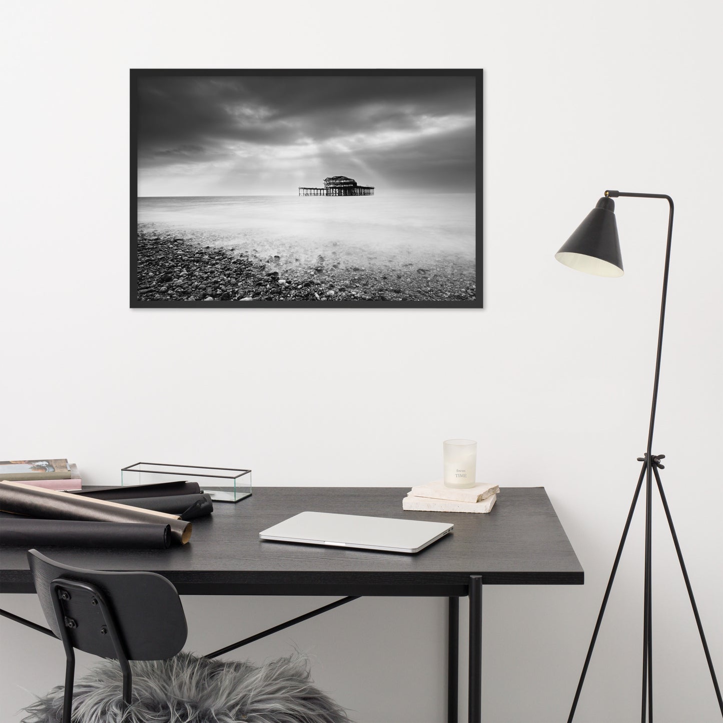 Artwork For Office Walls: Abandoned West Pier Coastal Seascape Landscape Black and White Photograph Framed Wall Art Print