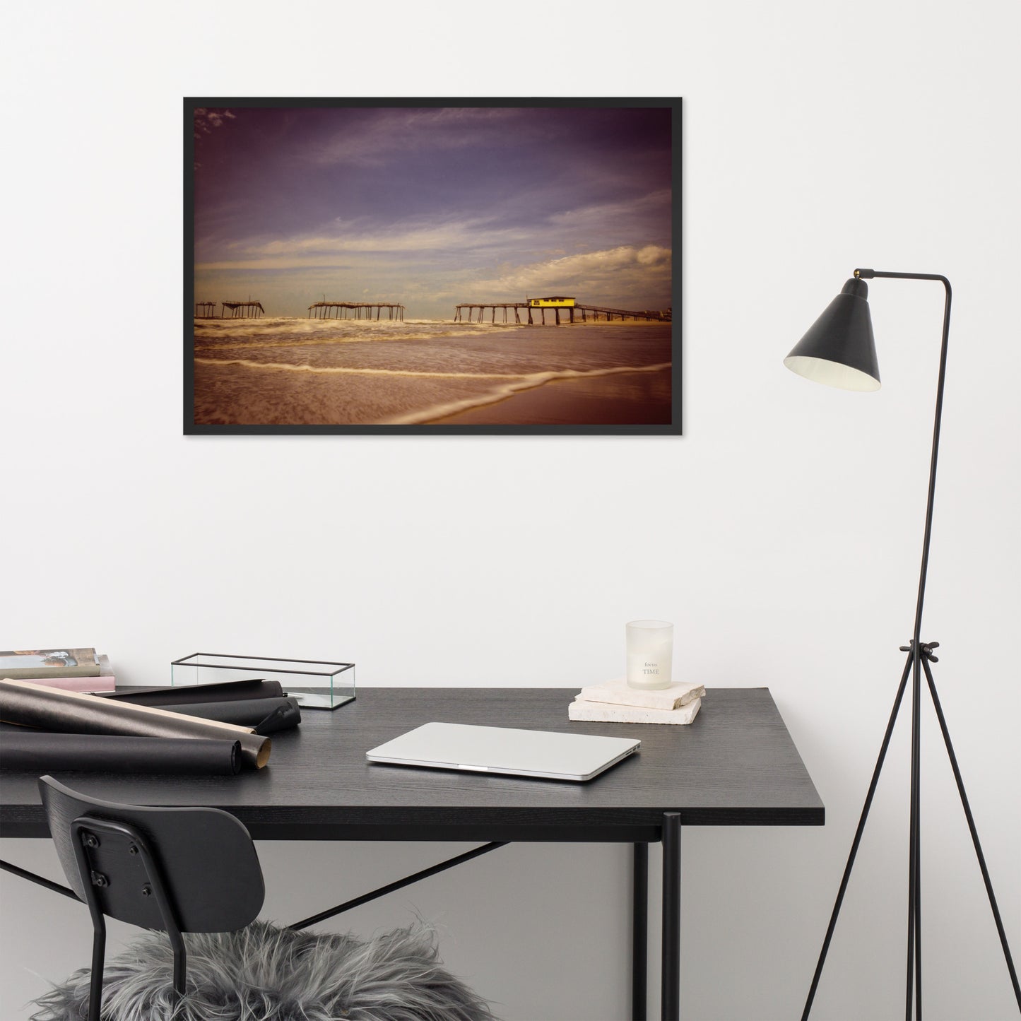 Tech Office Wall Art: Aged View of Frisco Pier Beach / Coastal / Seascape / Rustic / Nature / Landscape Photograph Framed Wall Art Print - Wall Decor - Artwork
