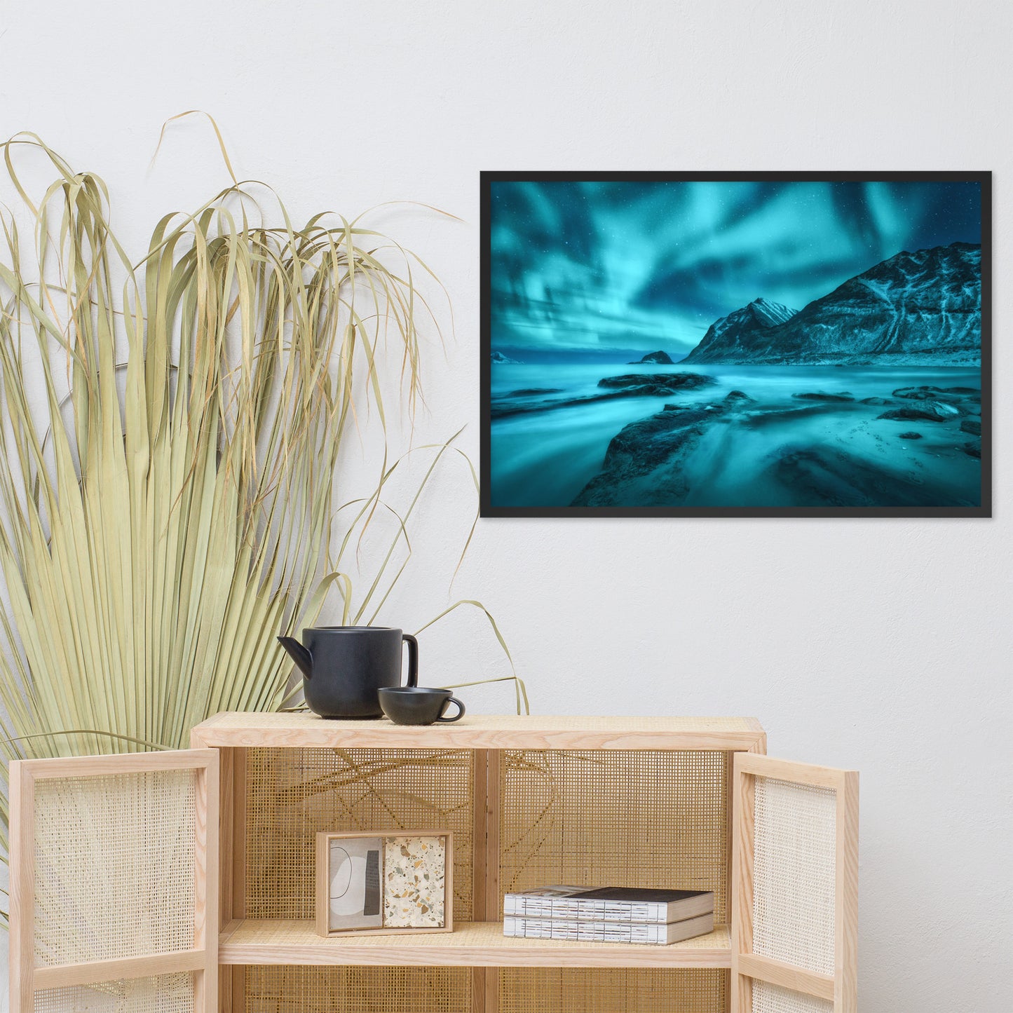 Blue Northern Lights and Mountain Coast Framed Wall Art Prints