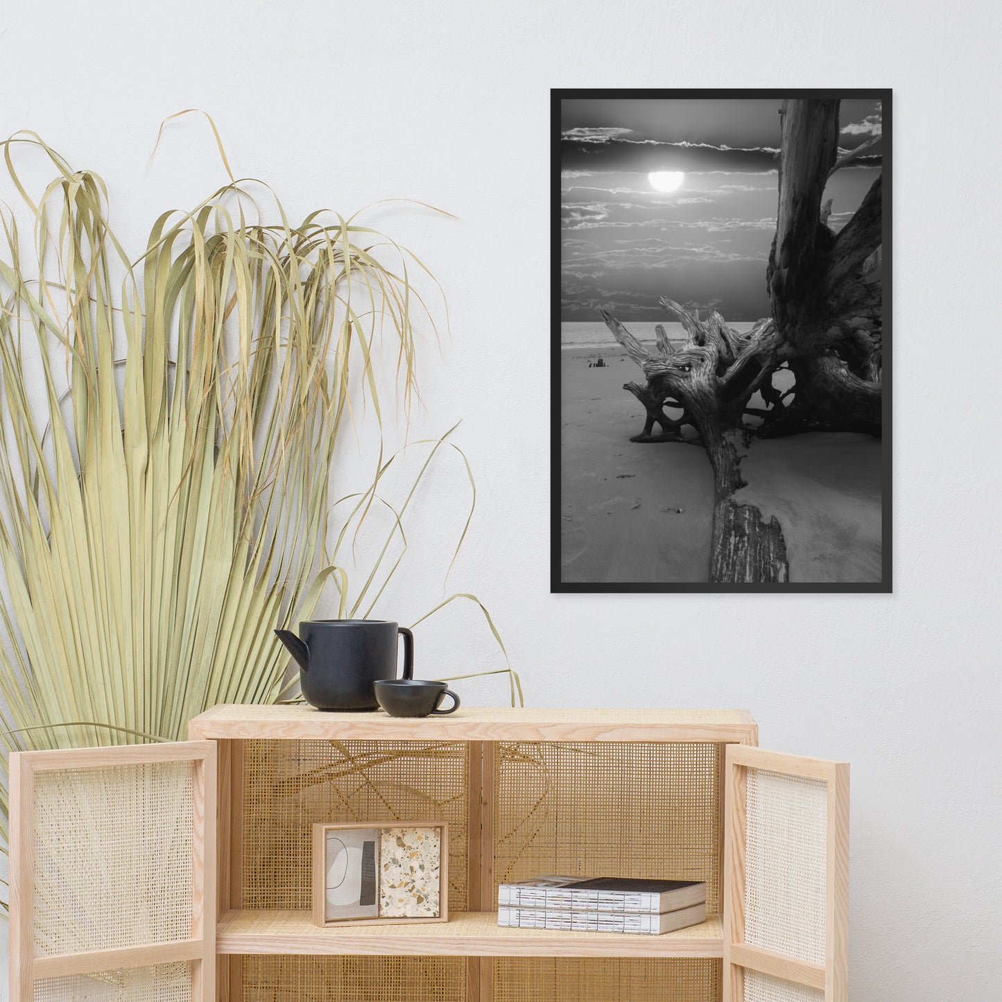 Dried Tree Roots and Sunrise 2 Black and White Landscape Photo Framed Wall Art Print