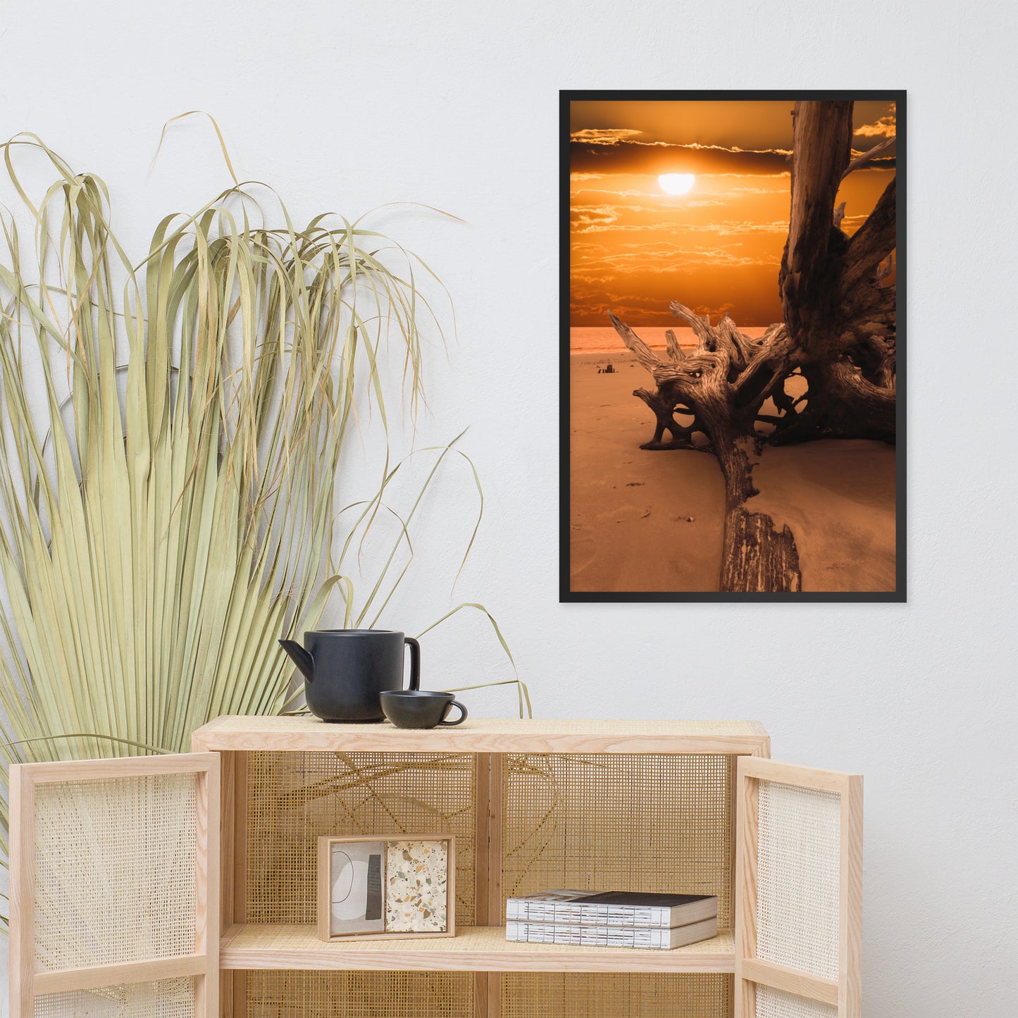 Dried Tree Roots and Sunrise Boneyard Beach Jacksonville Florida 2 Rustic Coastal Landscape Photo Framed Wall Art Print