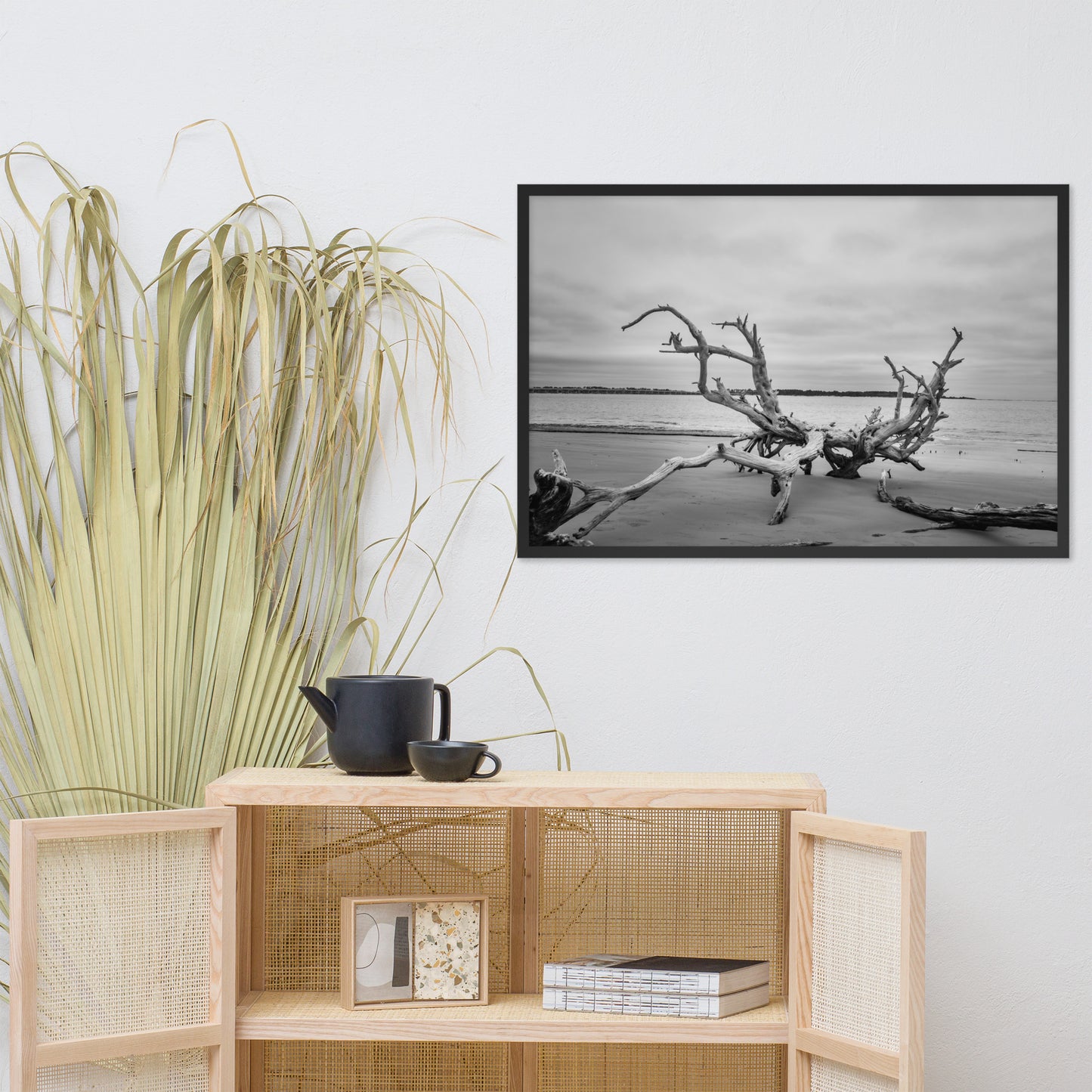 Driftwood on Boneyard Beach Florida 3 Black and White Rustic Coastal Landscape Photo Framed Wall Art Print