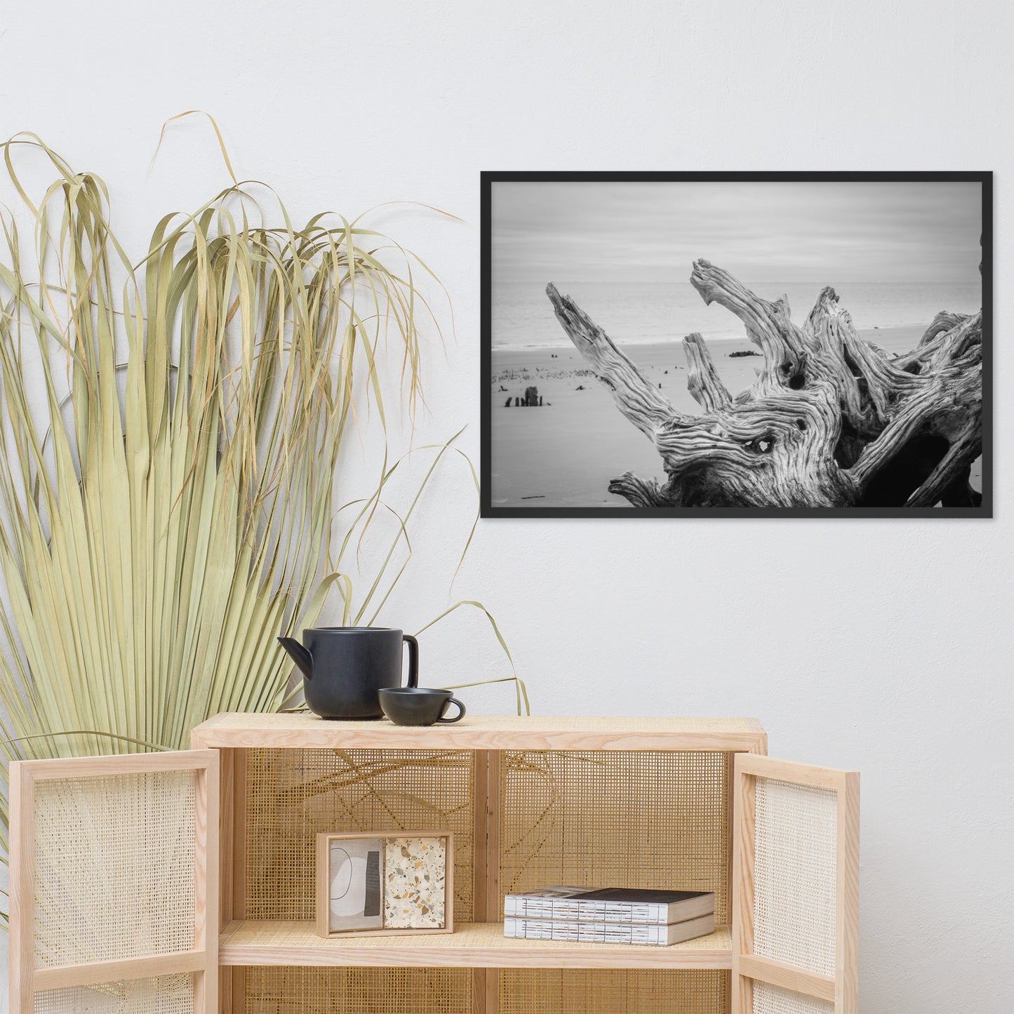 Driftwood on Boneyard Beach Florida 4 Black and White Coastal Landscape Photo Framed Wall Art Print