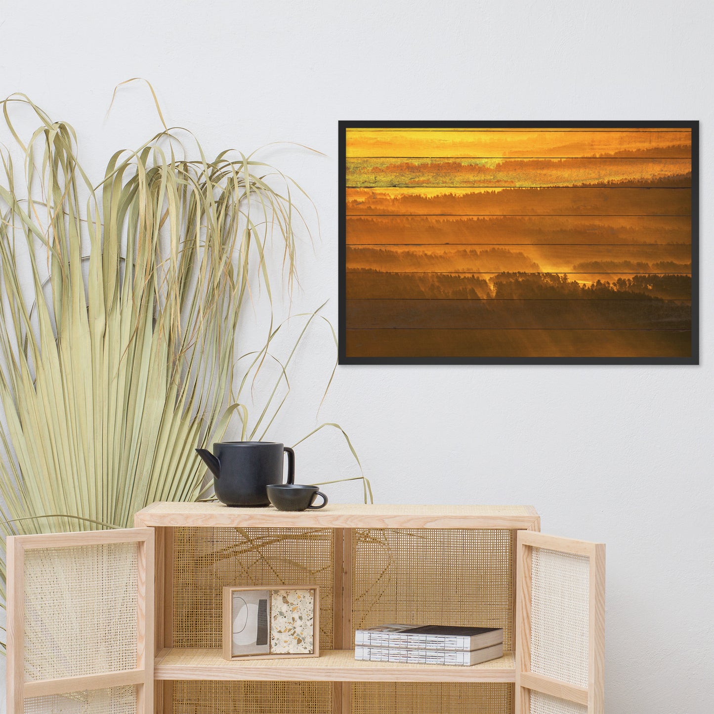 Faux Wood Golden Mist Valley - Hills & Mountain Range Framed Photo Wall Art Prints