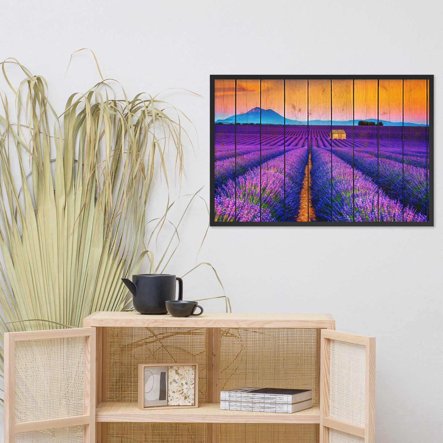 Faux Wood Lavender Fields and Sunset Landscape Framed Photo Paper Wall Art Prints