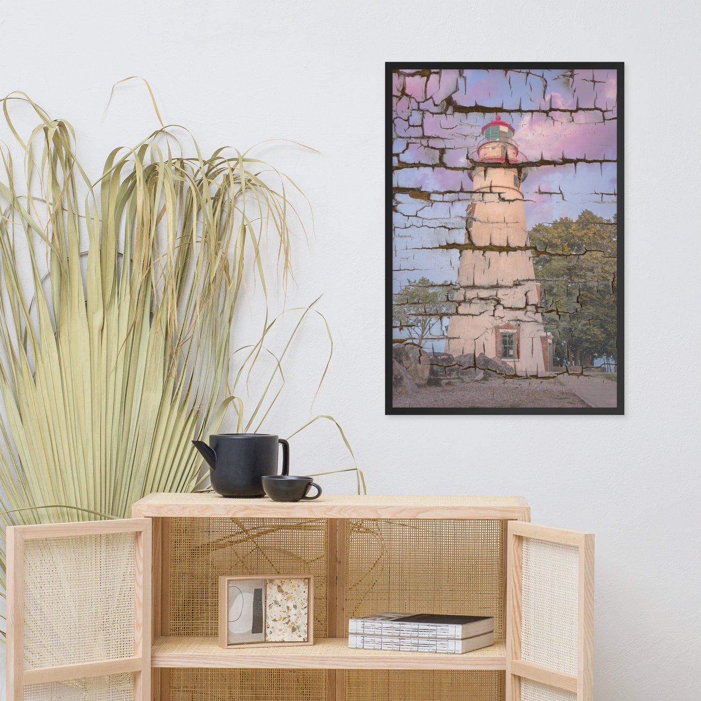 Faux Wood Texture Marblehead Lighthouse at Sunset Framed Photo Paper Wall Art Prints