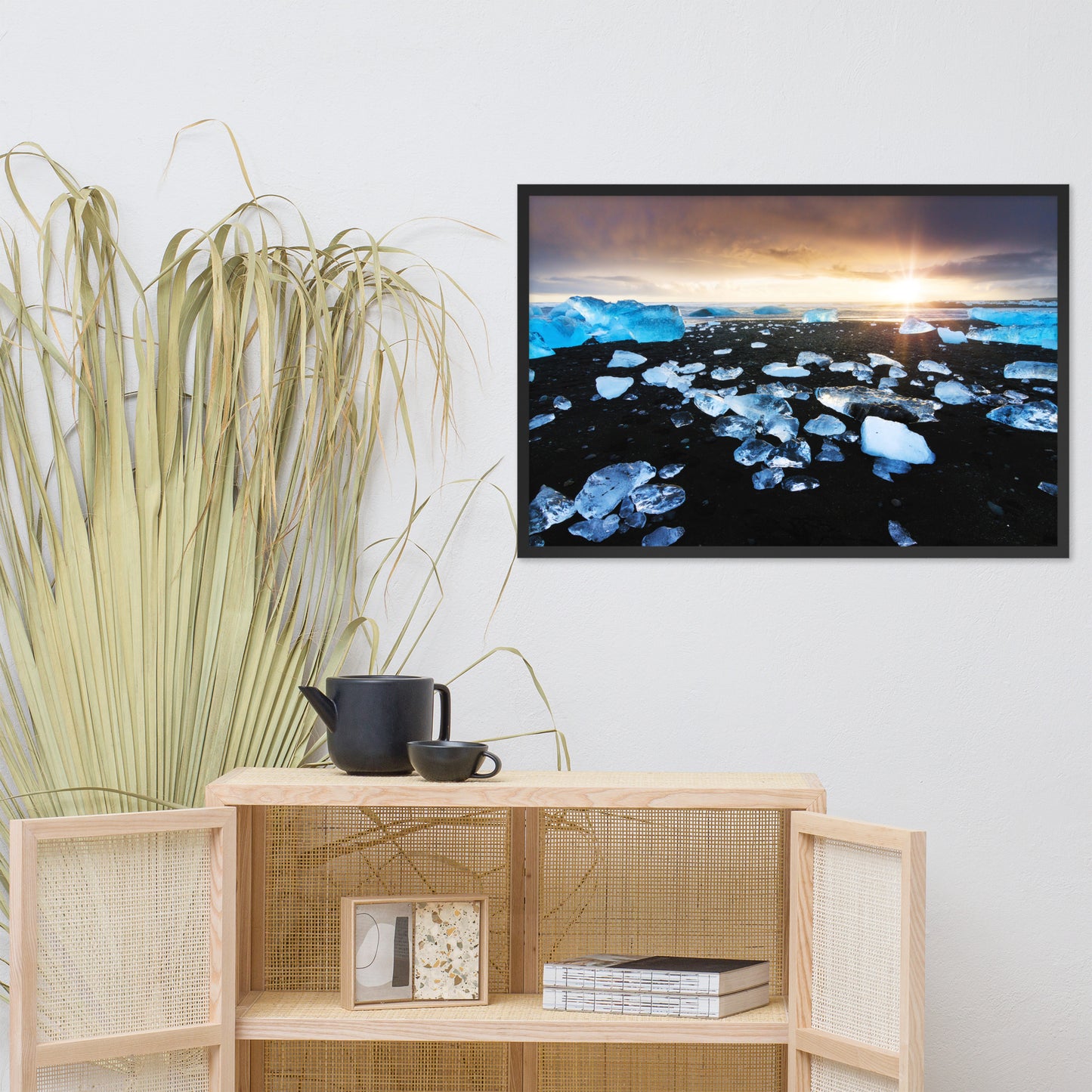 Fire and Ice Black Sand Sunset Coastal Landscape Framed Photo Paper Wall Art Prints