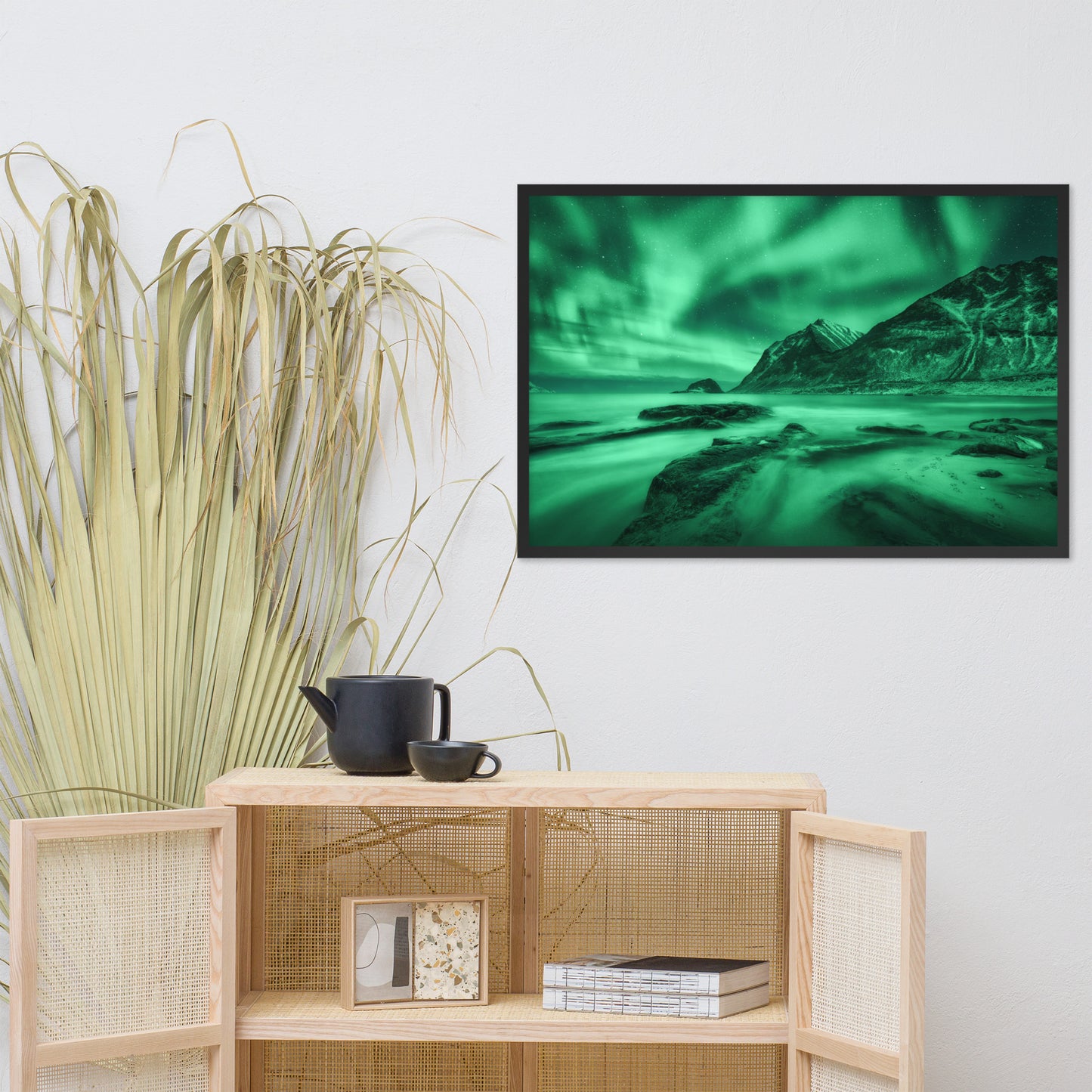Green Northern Lights and Mountain Coast Framed Wall Art Prints