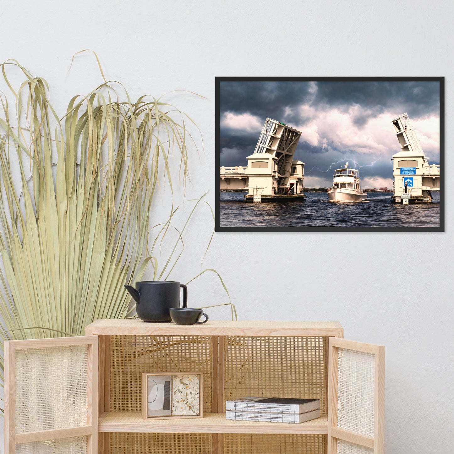 Stormy Drawbridge and Boat Racing Towards the Sun Coastal Landscape Photograph Framed Wall Art Print