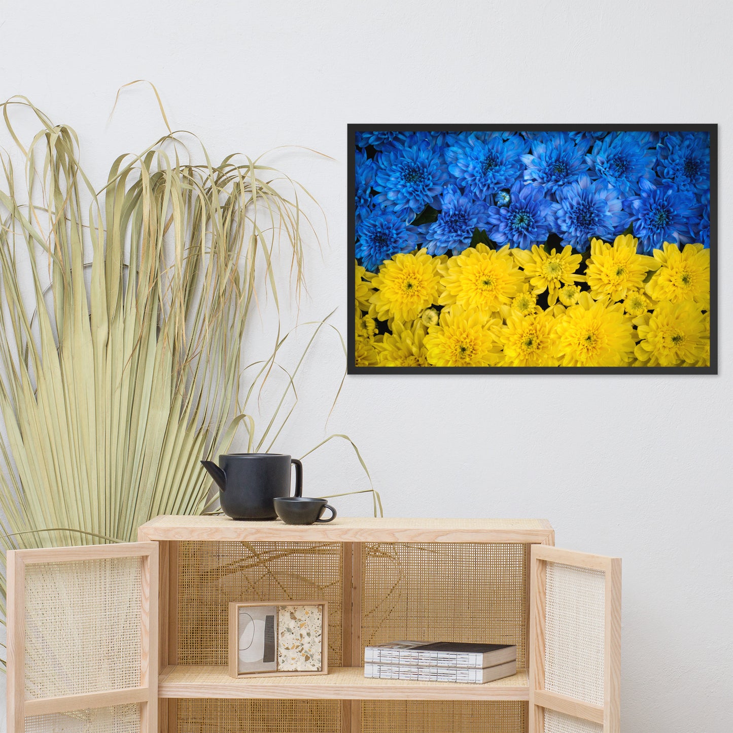 Blue and Yellow Chrysanthemums For Ukraine Refugees Nature Photo Framed Wall Art Print