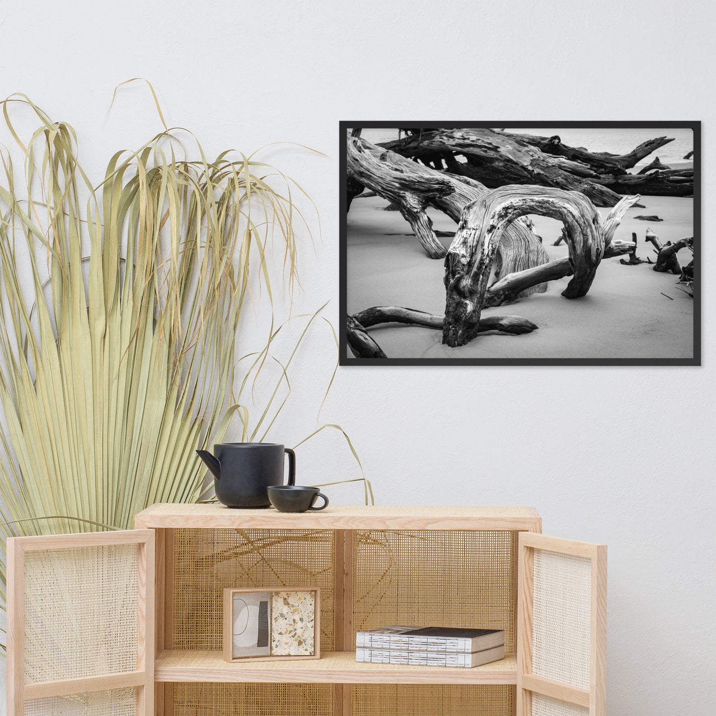Dead Tree Boneyard Beach Florida 5 Black and White Rustic Landscape Photo Framed Wall Art Print