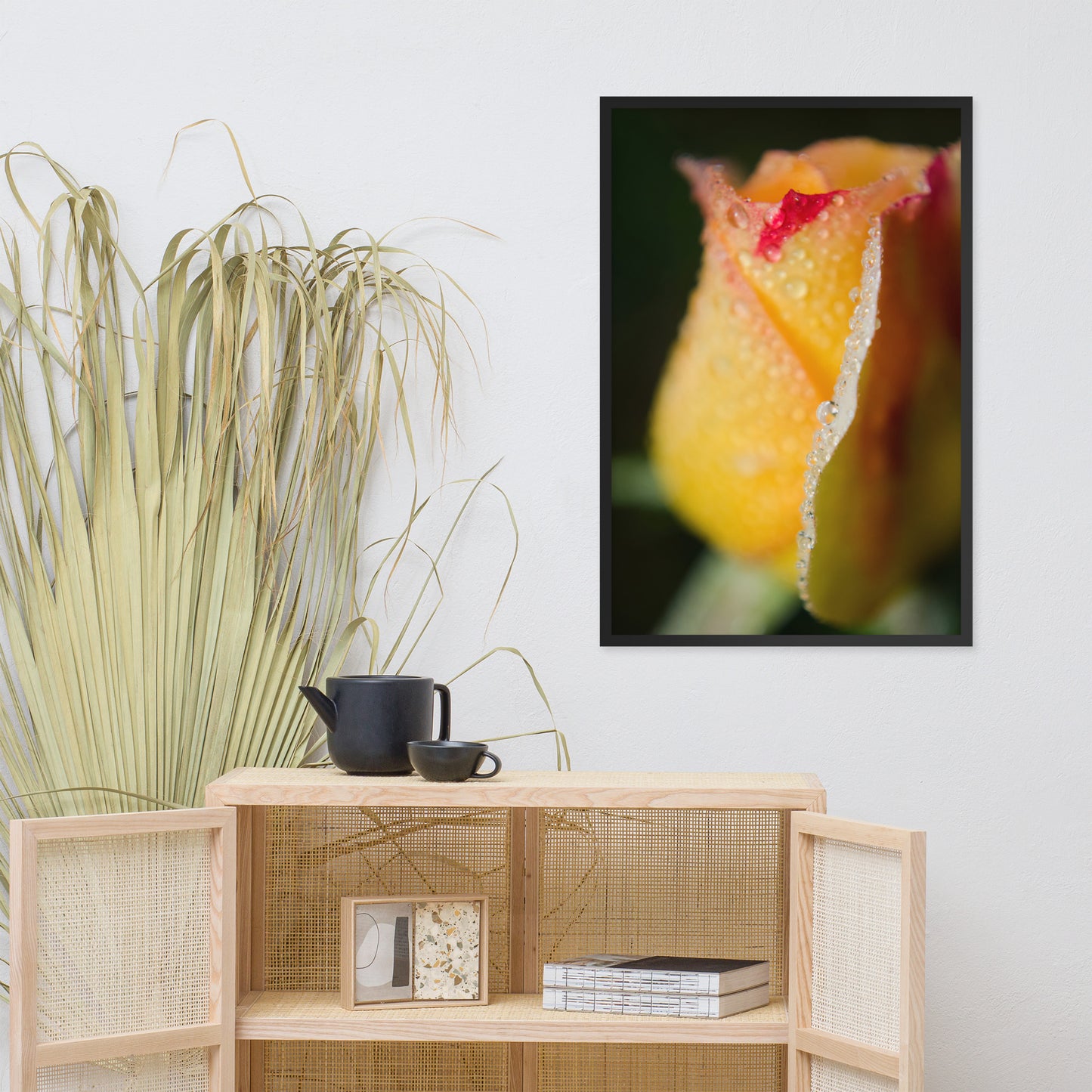 Dew on Yellow Rose Floral Nature Photo Framed Wall Art Print