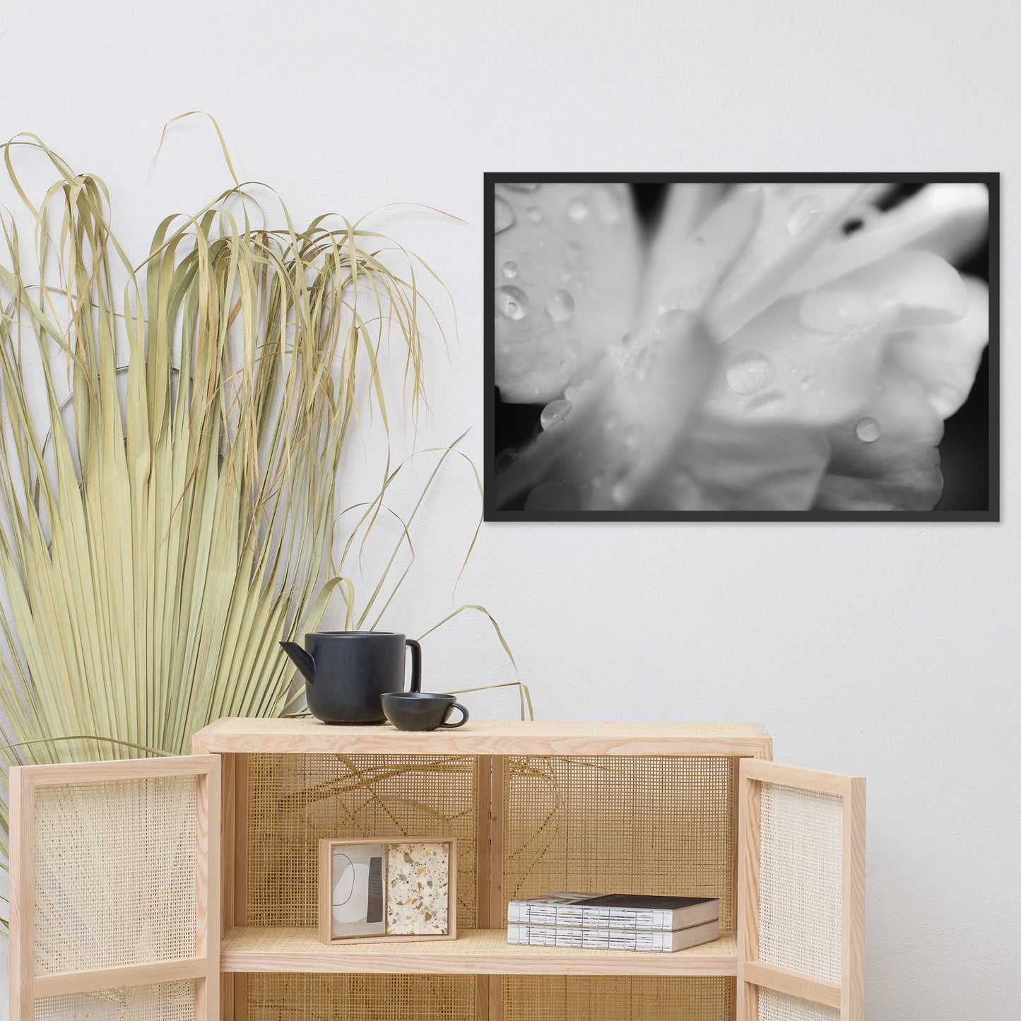 Delicate Rose Petals Black and White Floral Nature Photo Framed Wall Art Print