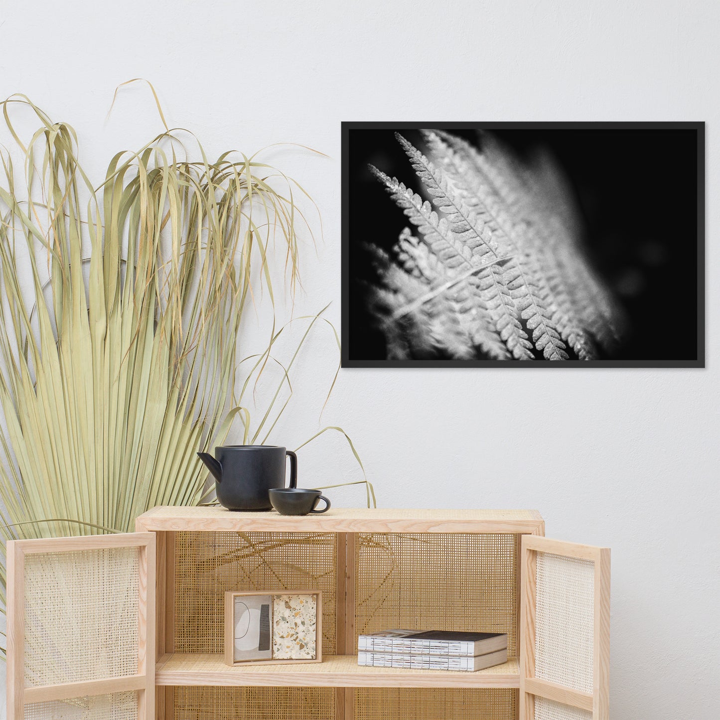 Fern Leaf in the Sunlight Black and White Botanical Nature Photo Framed Wall Art Print
