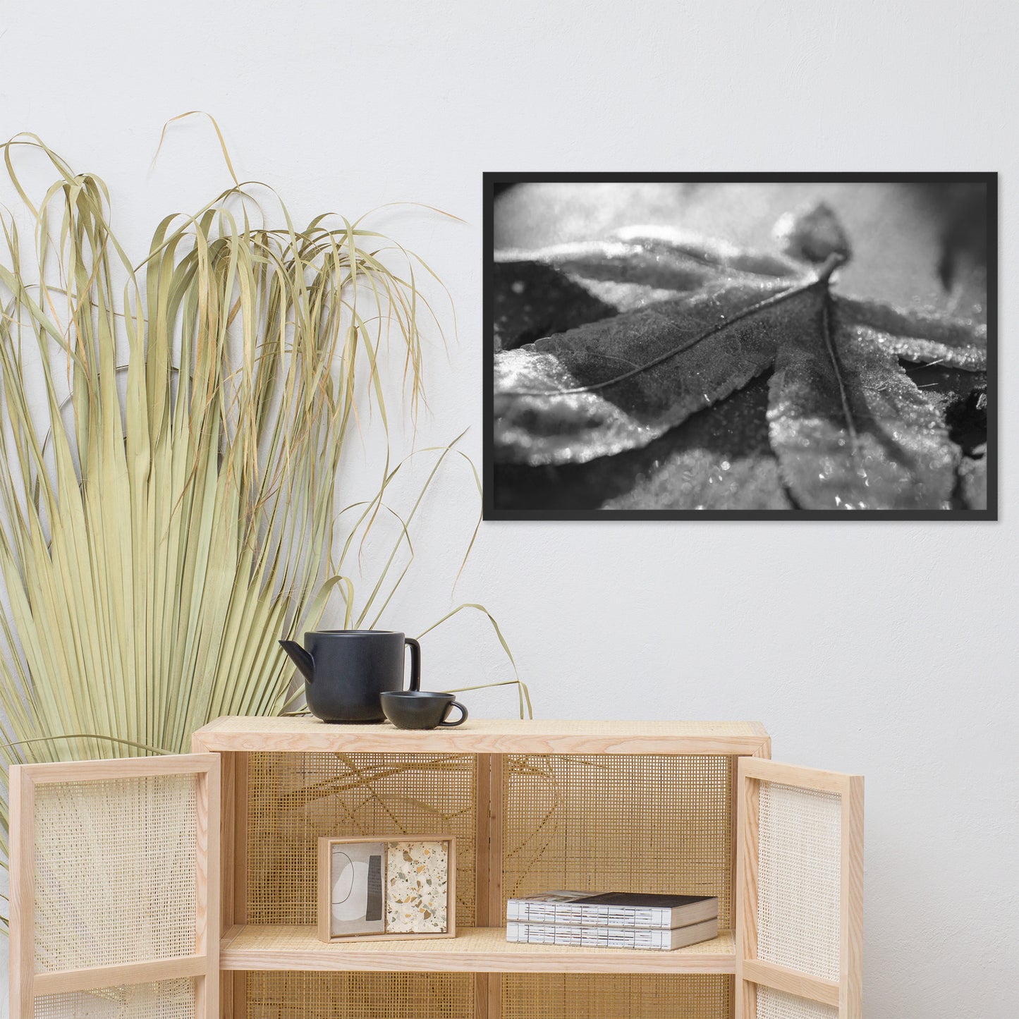 Frost Covered Leaf Black and White Botanical Nature Photo Framed Wall Art Print