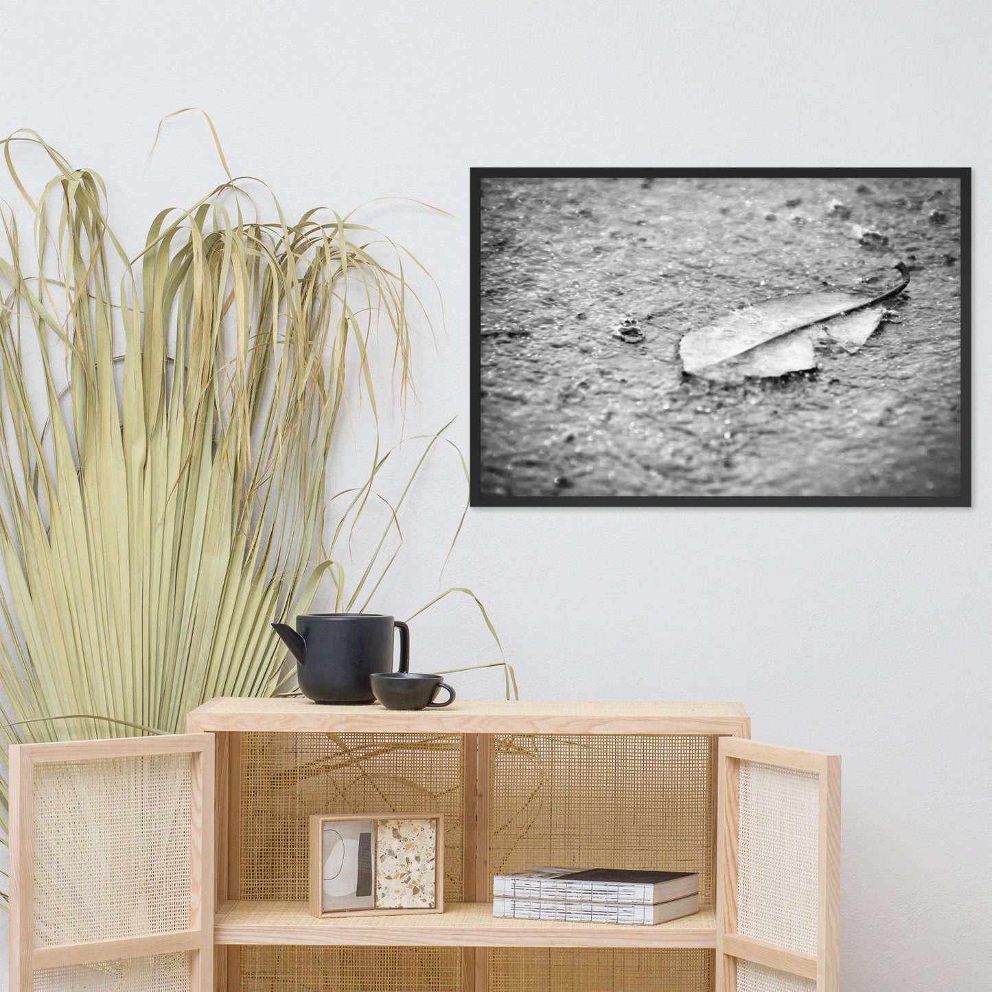 Fallen Leaf in The Rain Black and White Botanical Nature Photo Framed Wall Art Print