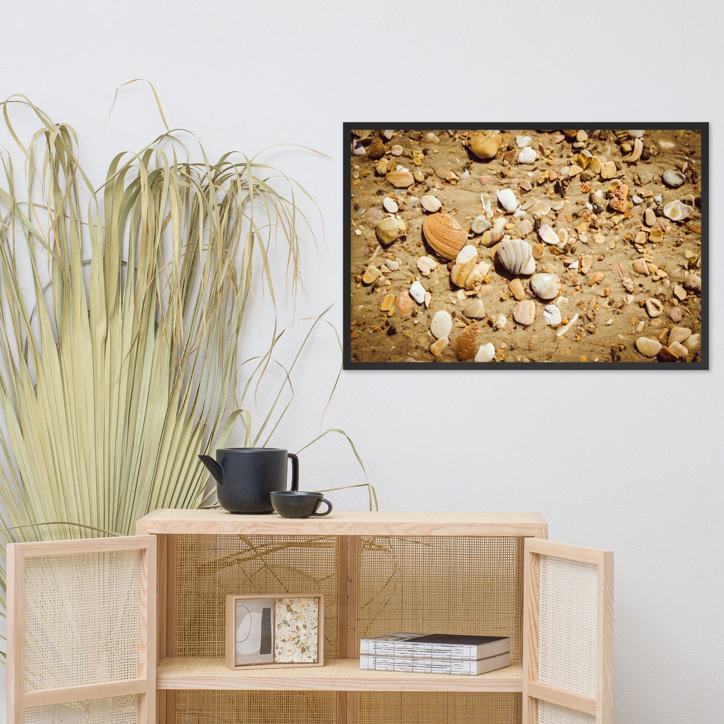 Broken Seashells and Sand Coastal Nature Photo Framed Wall Art Print