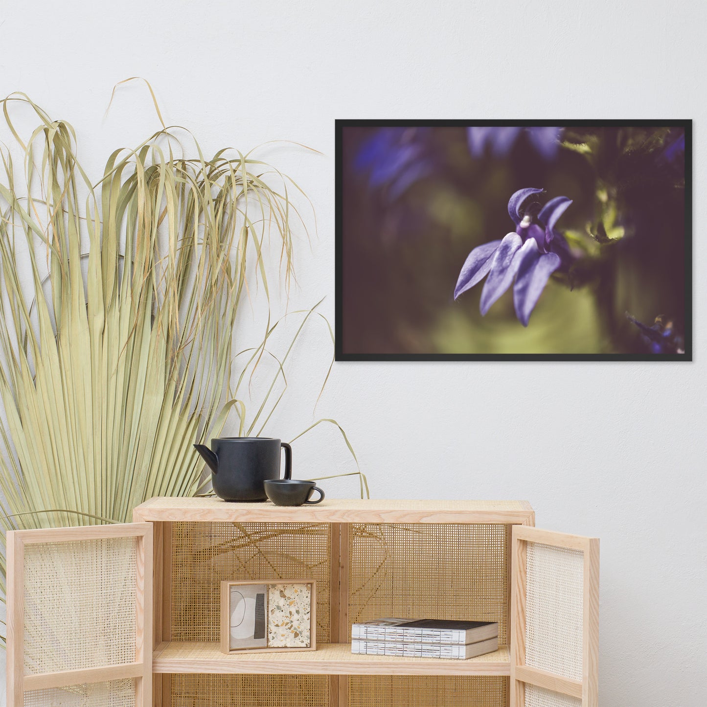 Dramatic Blue Lobelia, Blue Cardinal Flower - Abstract Merlot Effect Floral Nature Photo Framed Wall Art Print