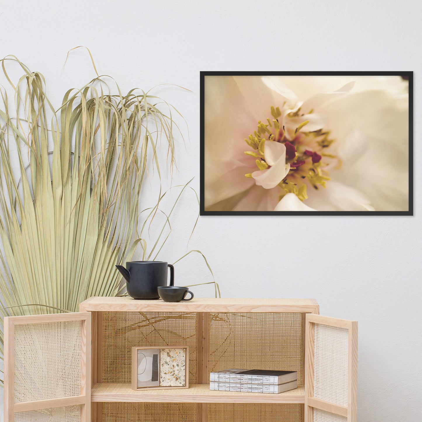 Eye of Peony Moody Midnight Floral Nature Photo Framed Wall Art Print