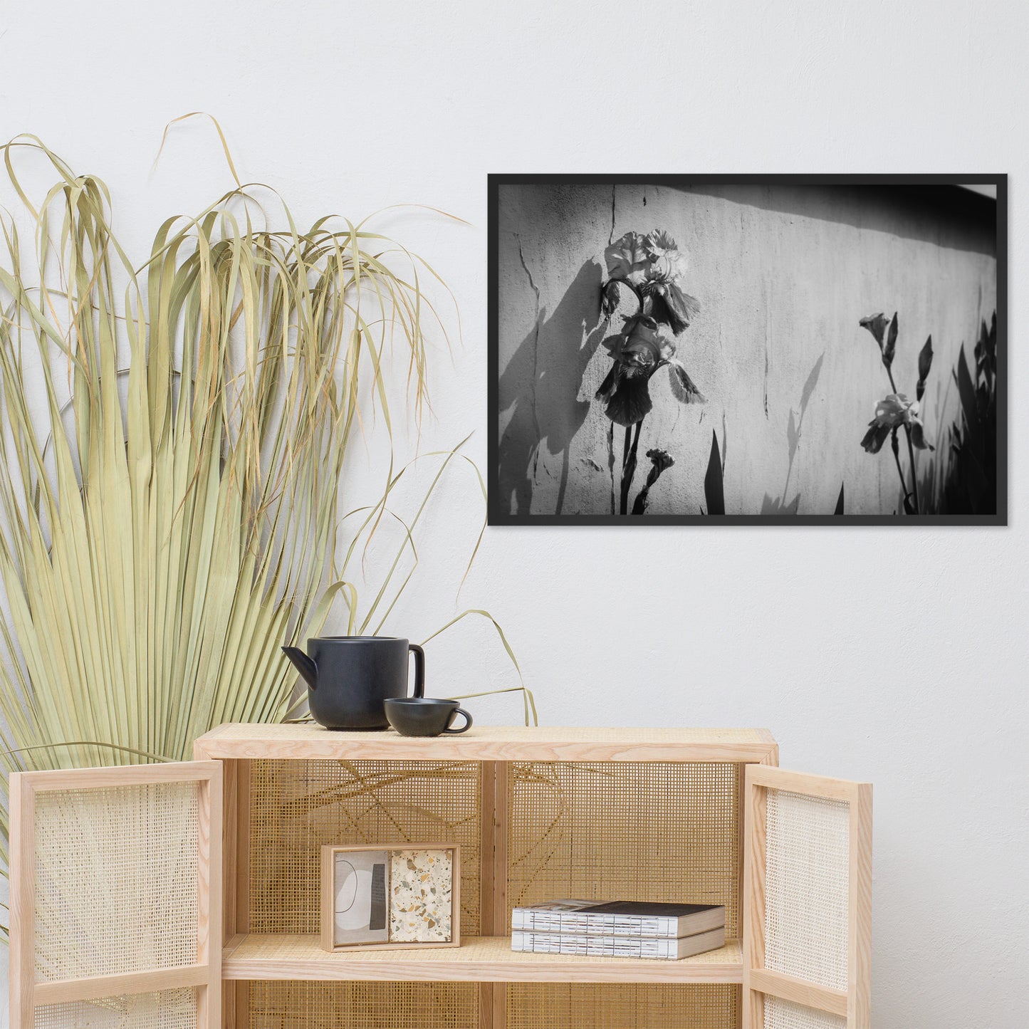 Iris on Wall Black and White Floral Nature Photo Framed Wall Art Print