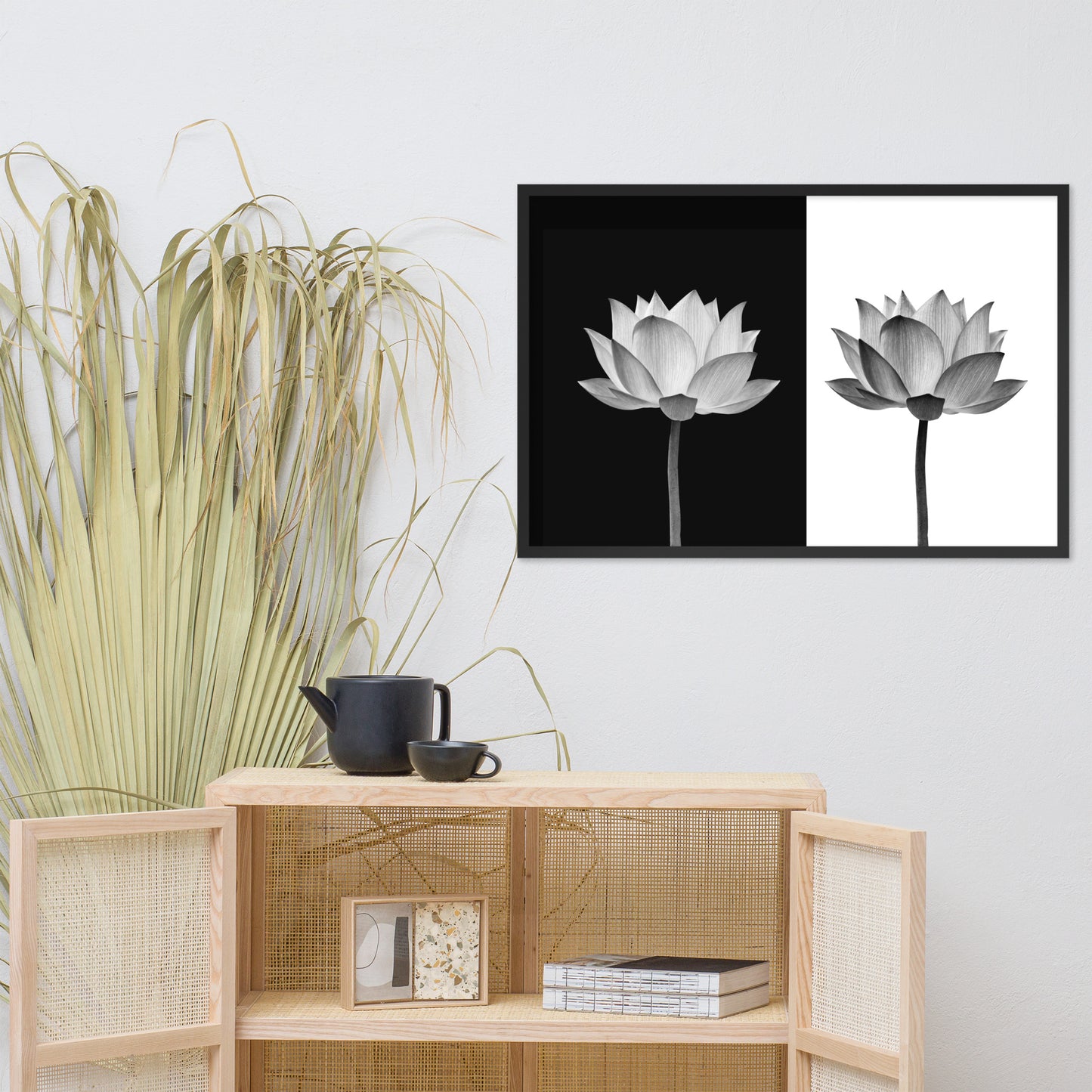 Lotus Flower on Black and White Background Floral Nature Framed Photo Paper Poster