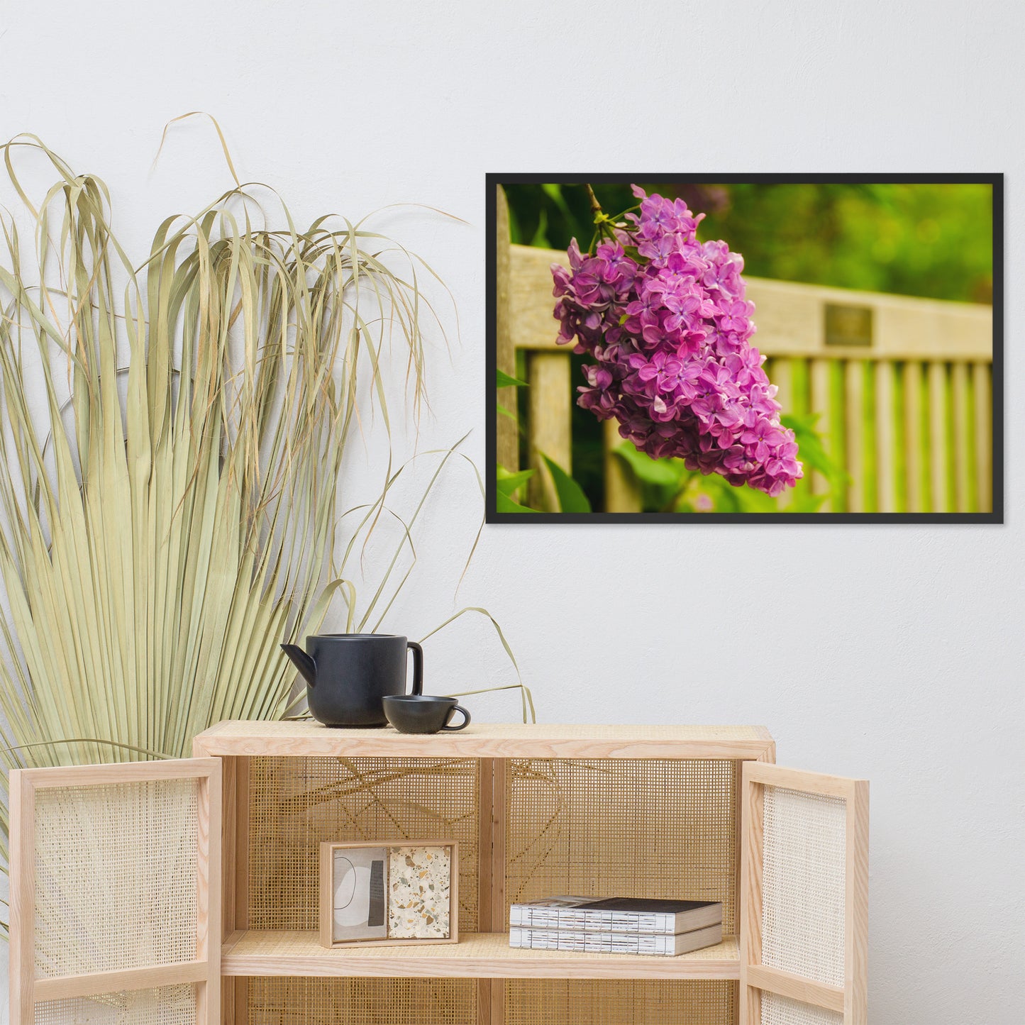 Park Bench with Lilac Floral Nature Photo Framed Wall Art Print
