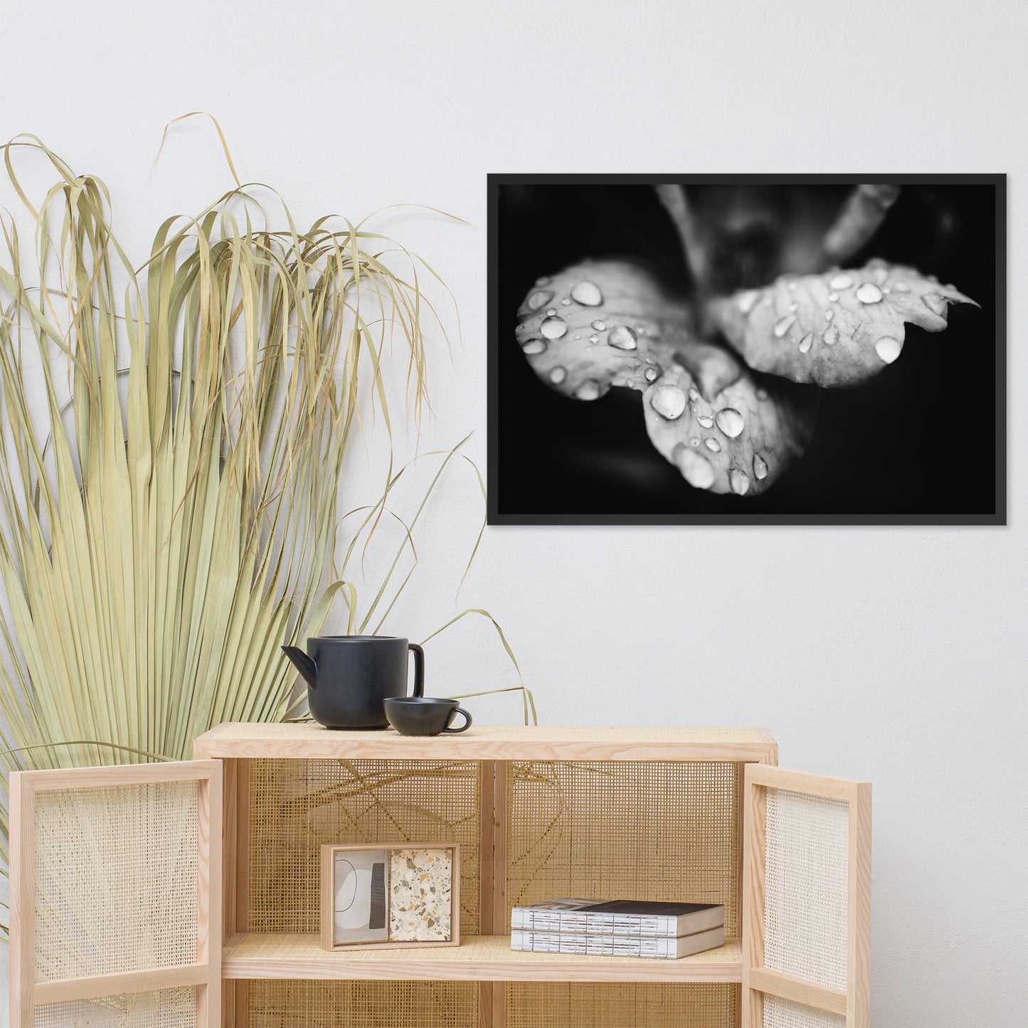 Raindrops on Wild Rose Black and White Floral Nature Photo Framed Wall Art Print